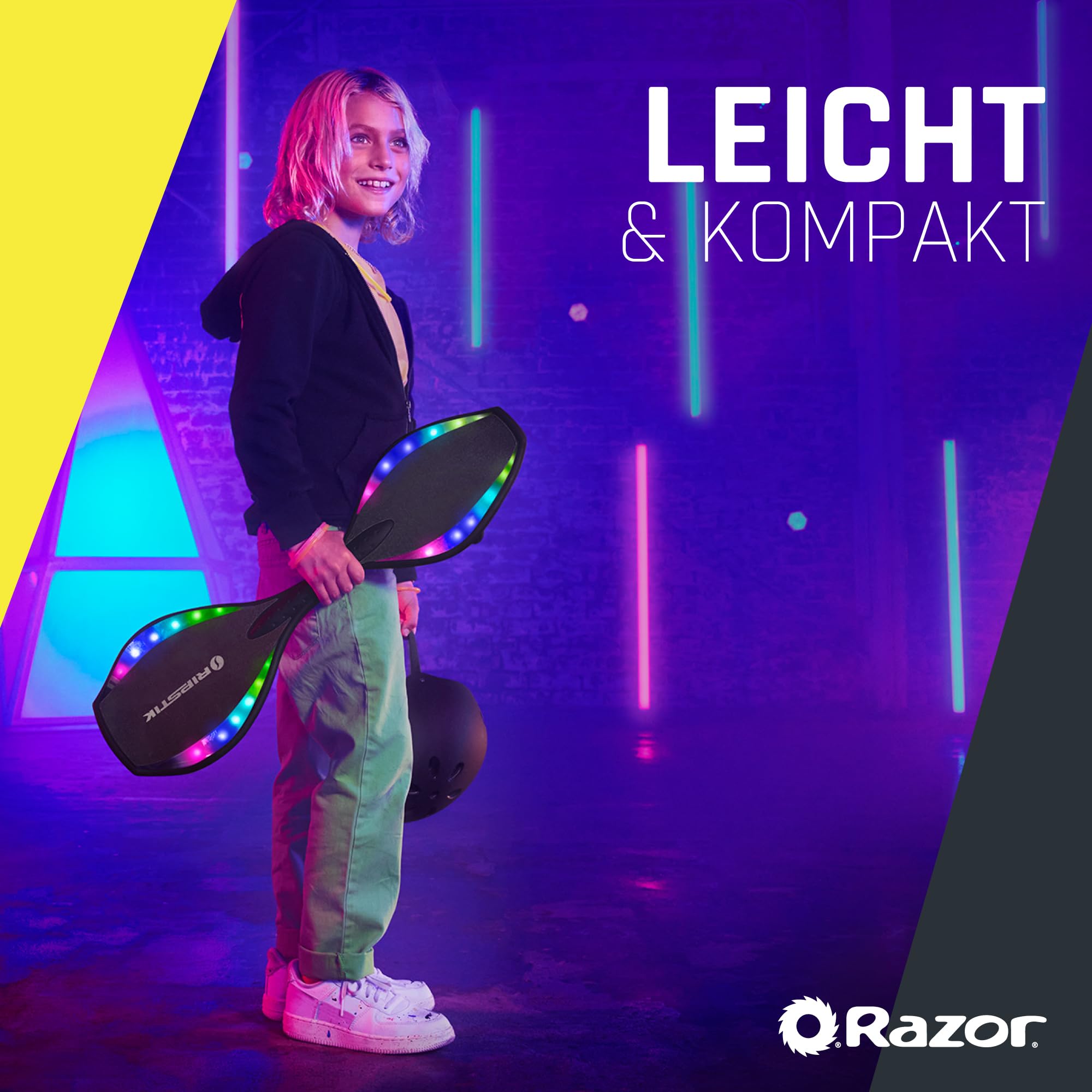 Razor Ripster Lightshow Waveboard - Rollbrett für Kinder ab 8 Jahren mit 360° Lenkung, bewegungsaktiviertem Lichtdeck, 5 Lichtmodi, Anti-Rutsch, kompaktes & leichtes 2-Rad-Board - Schwarz