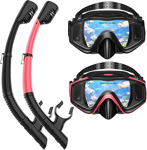 Snorkeling Gear for Adults, Dry Top Snorkel Mask Set 2 Pack Scuba Diving Mask Snorkel Gear Anti Fog Snorkeling Packages Tempered Glass Panoramic