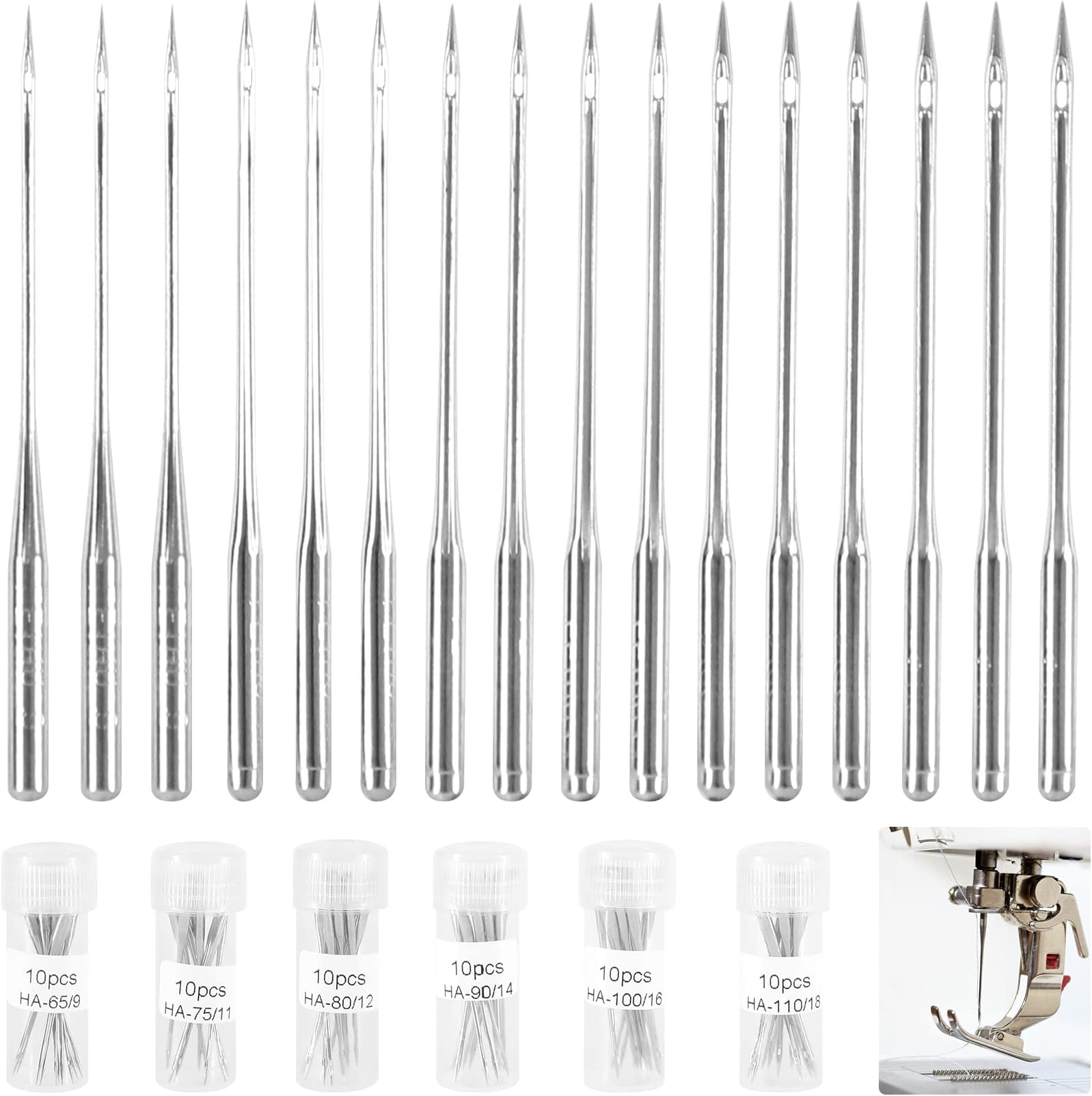 Household Sewing Machine Needles, 6 Sizes Assorted 65/9, 75/11, 80/12, 90/14, 100/16, 110/18, Full Gauge Universal Regular Point for Singer, Brother, Janome, Varmax, Etc. (120 Pcs)