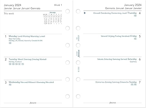 Miniatura 3 de Filofax Recambio de diario de calendario, tamaño de bolsillo, semana a vista, libro blanco, sin rayas, multilingüe cinco idiomas, 2024 (C68227-24)