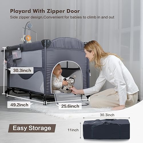 Miniatura 5 de Moisés 5 en 1 para bebé, moisés de noche para empacar y jugar, con cambiador de pañales y sábana impermeable, colchón, música, corrales portátiles