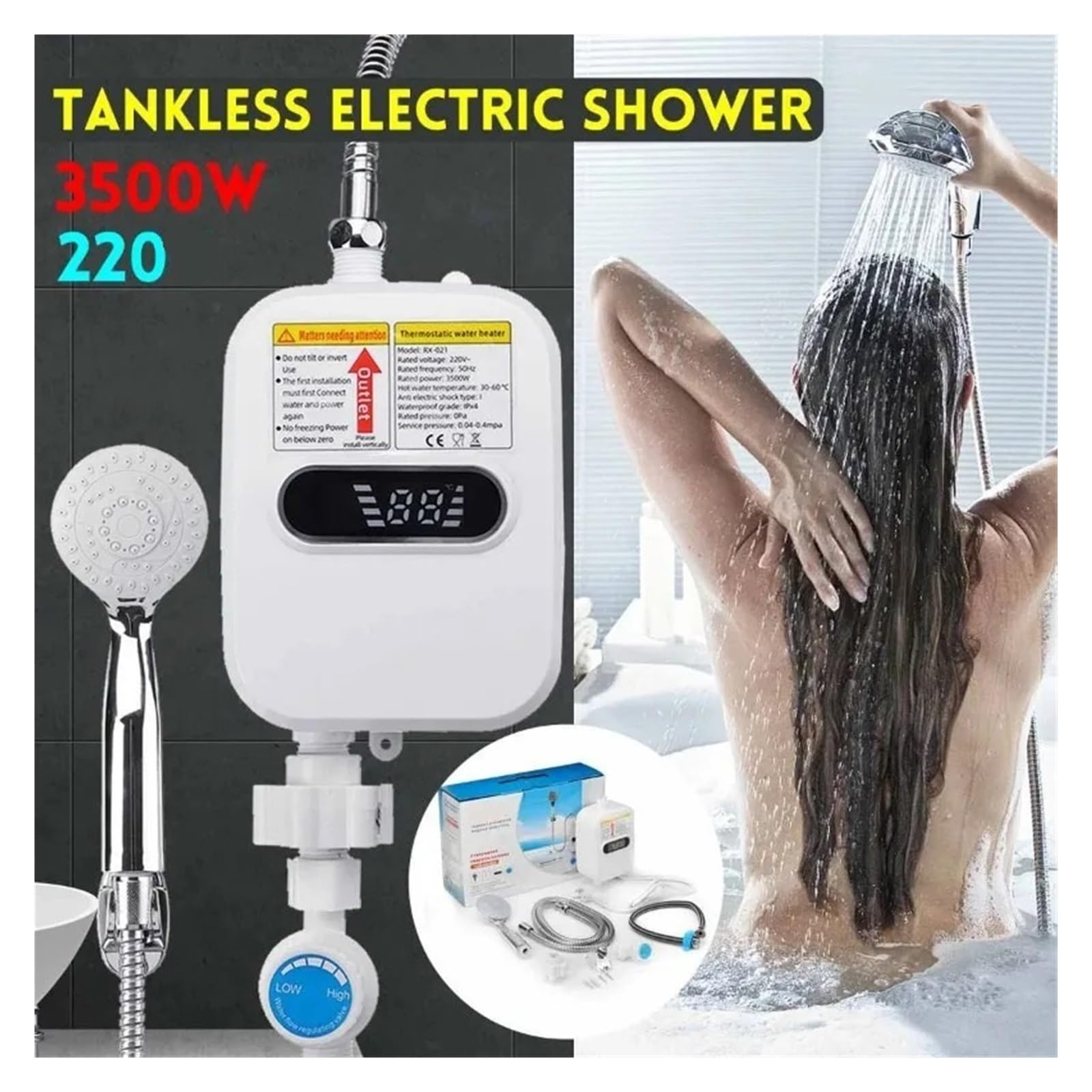 3500W Mini Riscaldatore di Acqua Elettrico Istantaneo Bagno Cucina Calda Senza Serbatoio del Rubinetto Display della Temperatura Set Doccia