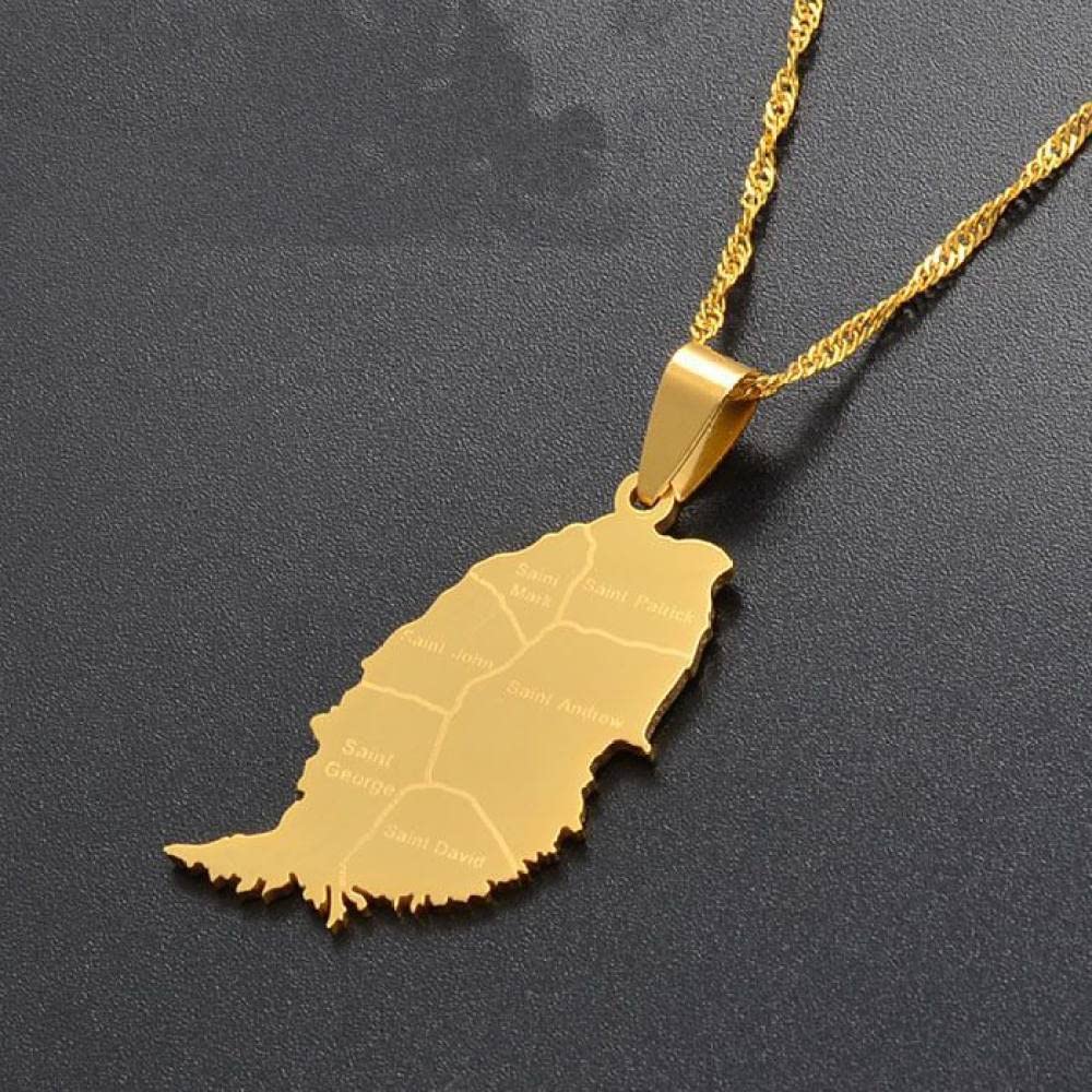 Collana Hafrita Con Ciondolo Onda E Mappa Di Grenada, In Acciaio Inox