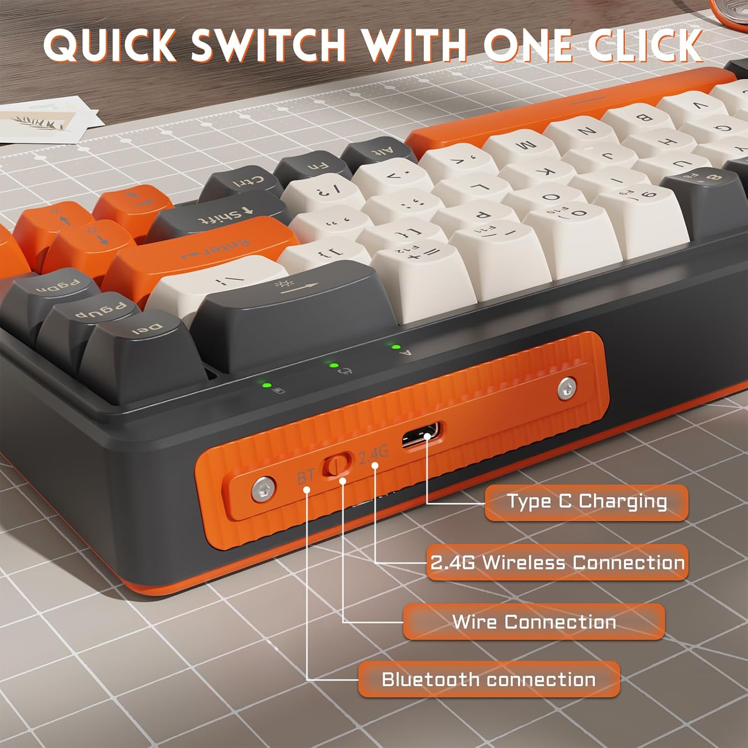 Hlið view of MANBASNAKE M68 keyboard showing USB-C port, mode switch, and 2.4G receiver storage