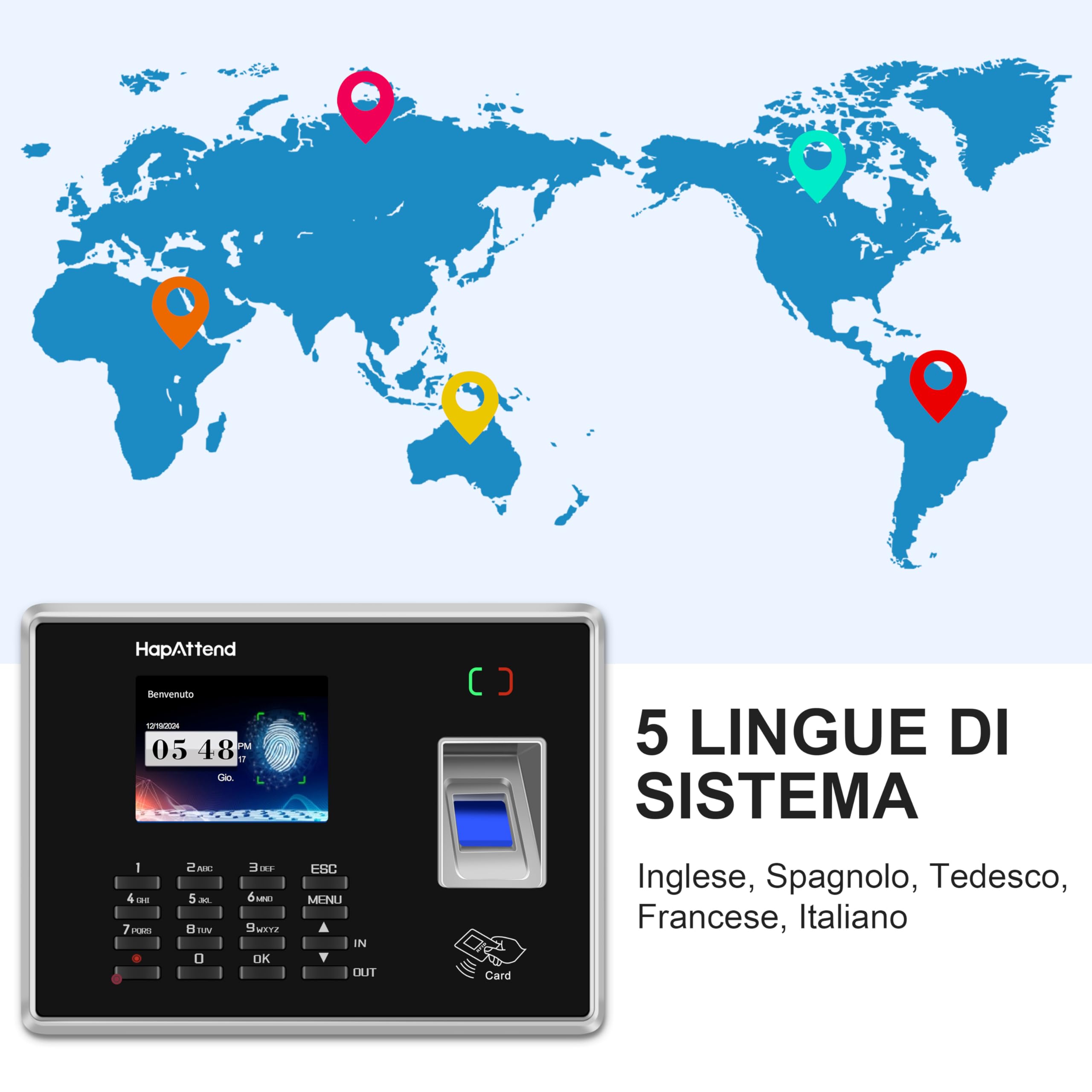 Rilevatore presenze, HapAttend Italiano timbracartellini dipendenti con impronte digitali e 5 badge RFID, H2 timbratrice presenze dipendenti Checking-in registratore orologio tempo per piccole imprese