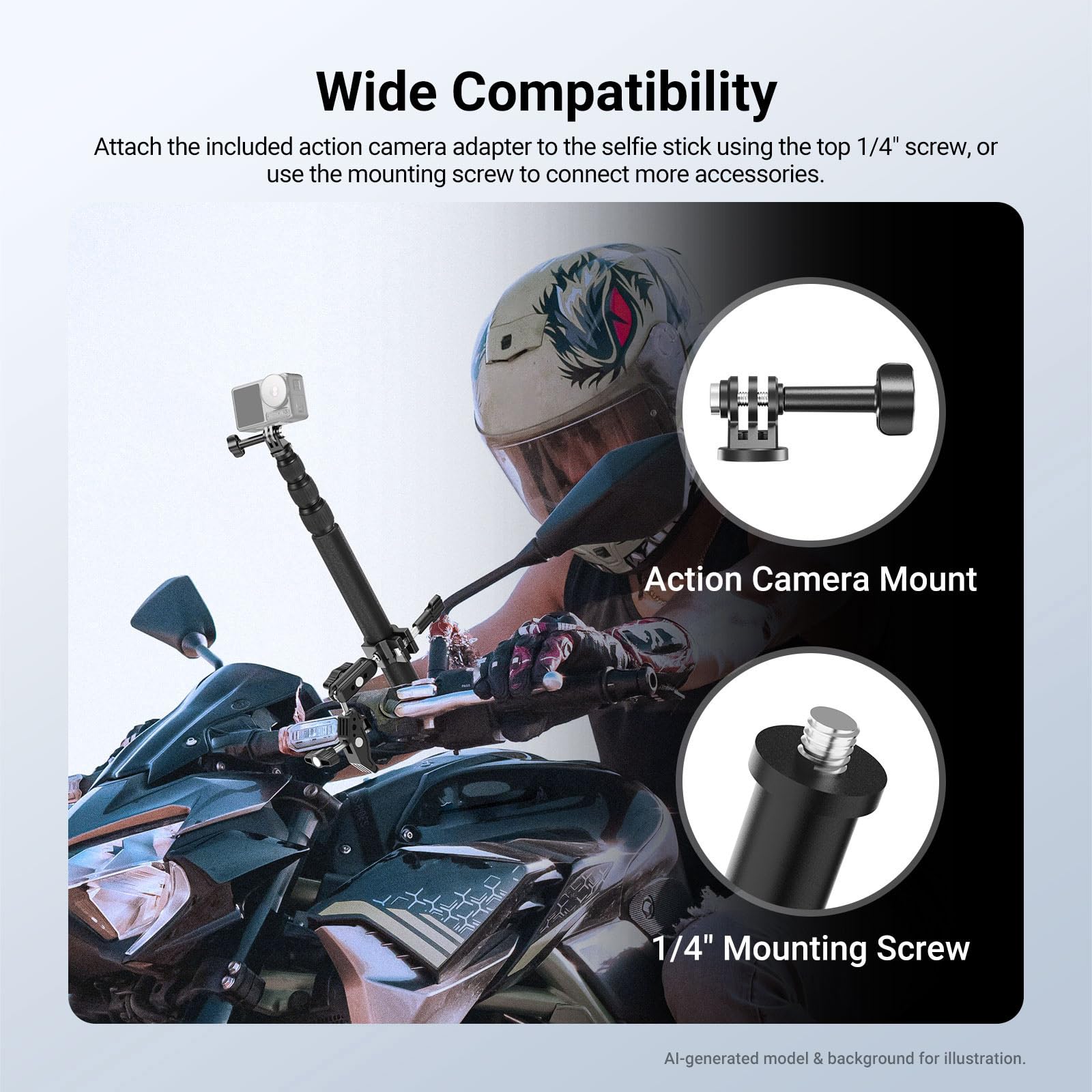 NEEWER Zestaw akcesoriów do montażu motocyklowego, kompatybilny z GoPro Insta360 DJI, kierownica ogona rowerowego, niewidoczny uchwyt do selfie, podwójny uchwyt zaciskowy z adapterem do kamery