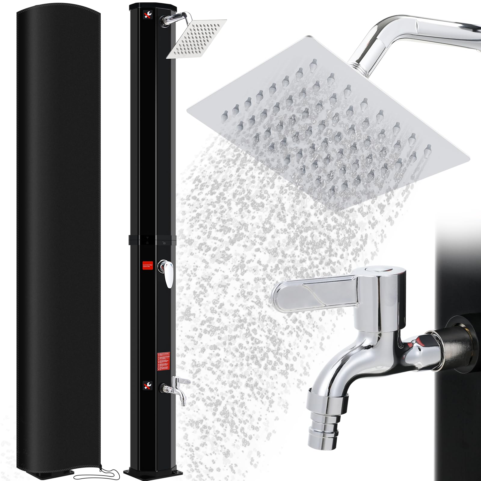 LIFERUN 60L Solar Heated Shower, Outdoor Garden Solar Shower with 360° Swivel Rain Head, Tap & 210D Oxford Cover, for Backyard Camping Beach (Black, 60 Litre)
