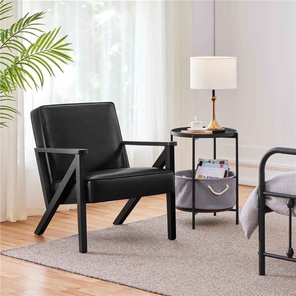 Yaheetech Sillón de Piel Sintética para Salón con Respaldo, Negro | Sillón Relax, Patas de Mader, para Sala de Estar, Oficina y Recepción, Marco de madera de caucho sólida