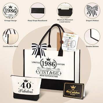 Giftota 40th Birthday Gift Woman - Vintage 1986 Canvas Shopping Bag Tote Bag & Cosmetic Bag Set with Greeting Card - 40th Birthday Gift for Mom Girlfriend Coworker or Sister