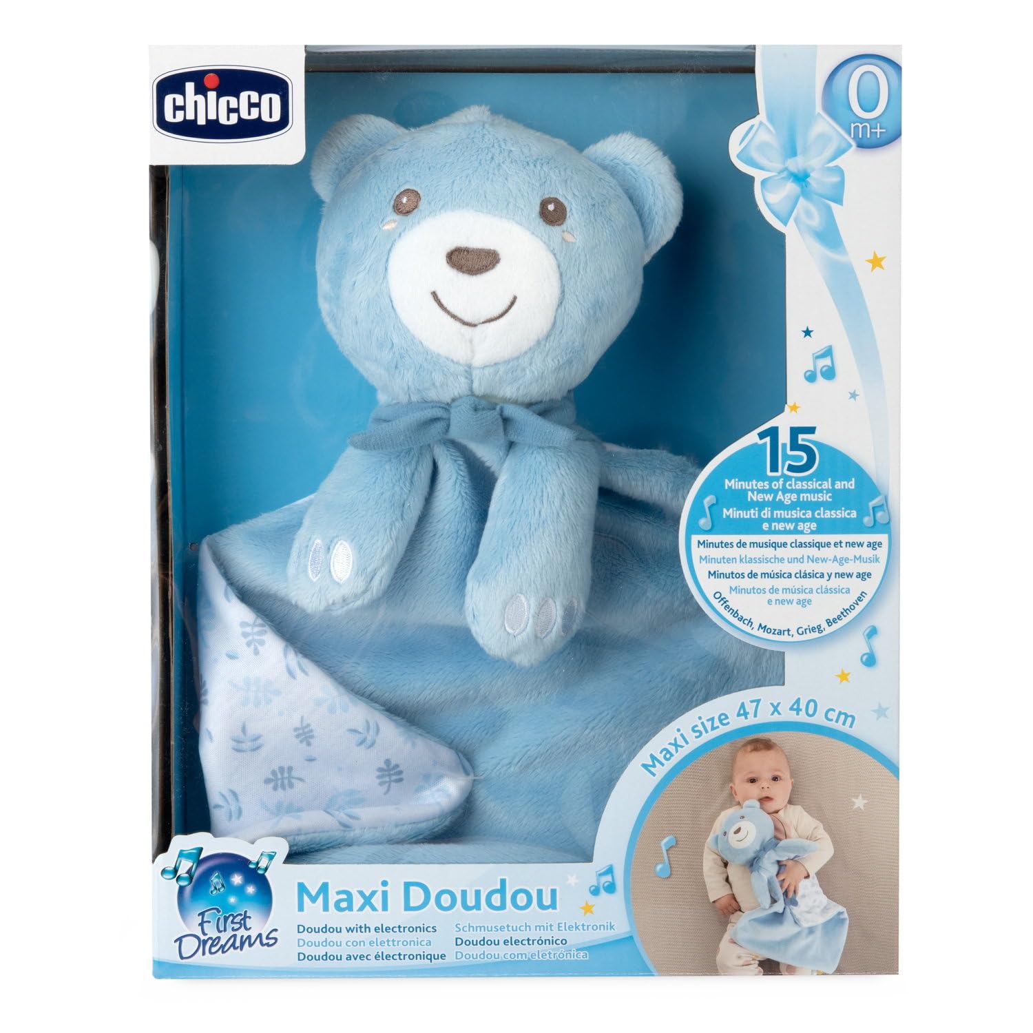 Chicco Gioco Maxi Doudou, Pupazzo in Morbido Velluto A Forma di Orsacchiotto, con Musica Classica e New Age, Peluche Neonato, Soffice da Coccolare, Lavabile in Lavatrice, 0+ Mesi, Azzurro