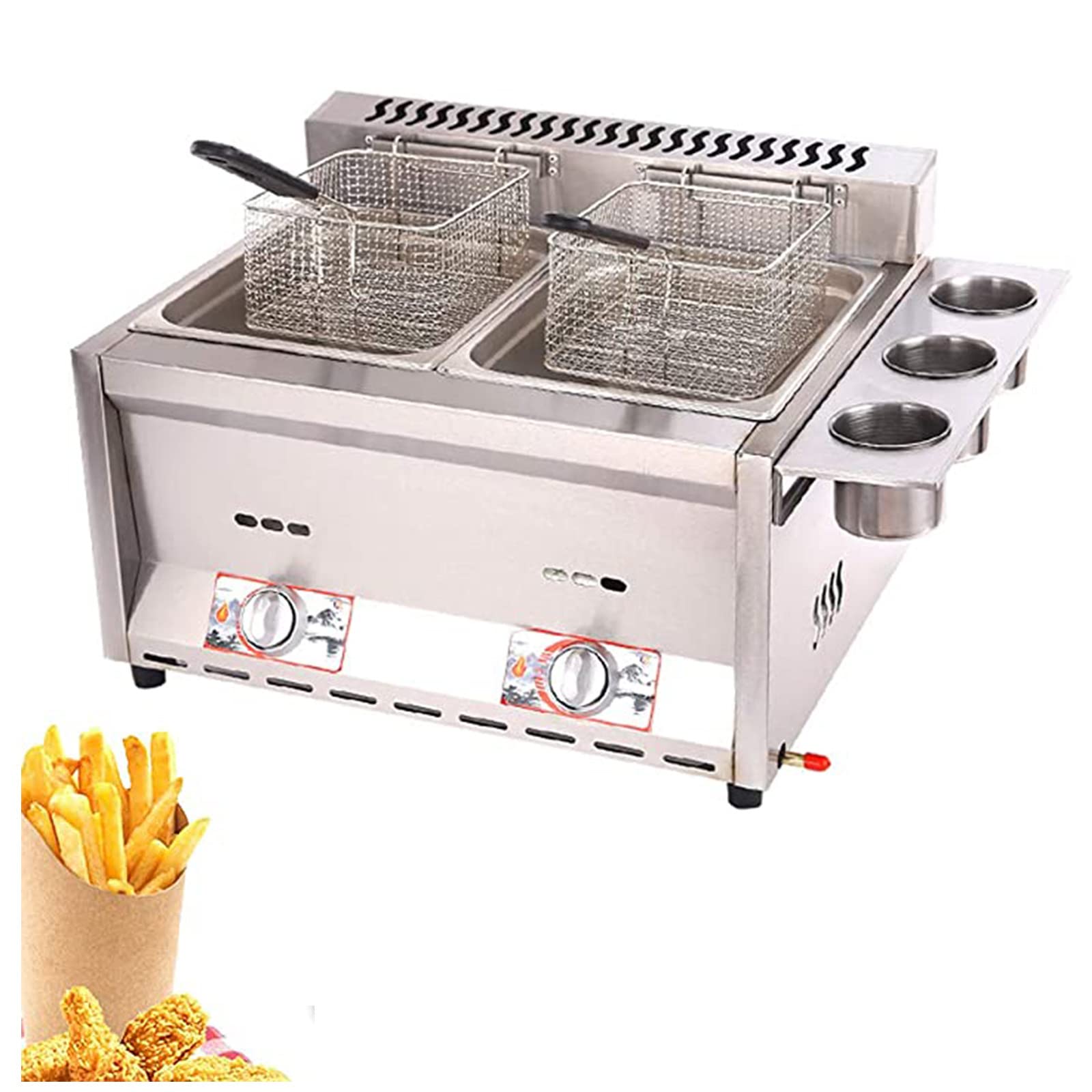 Gewerbliche Gas-Fritteuse – Doppelbehälter 6L + 6L, Edelstahl 430, Temperaturregelbar 50–380°C, Mit 2 Frittierkörben & Deckeln – Für Restaurants, Imbiss & Catering