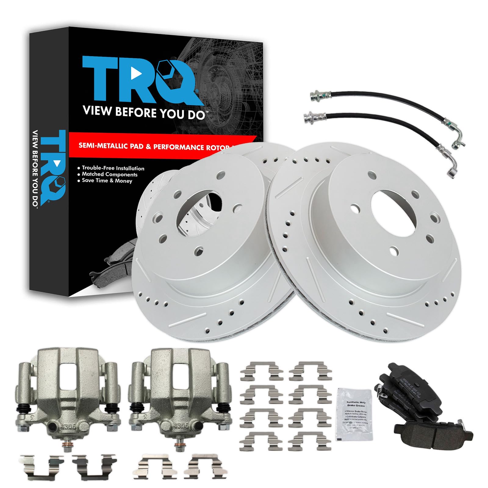 TRQ Performance Rear Brake Pad and Rotor Set Semi Metallic Slotted Drilled Coated Rotors Calipers Compatible with 2003-2005 Infiniti G35 Nissan 350Z