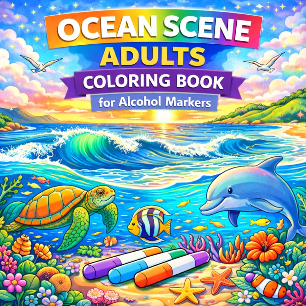 Ocean Scene Adults Coloring Book for Alcohol Markers: Large Print Bold & Easy Designs for Adults and Teens