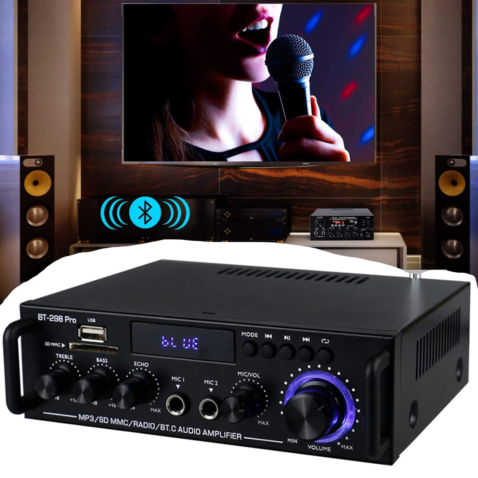 800W Amplificador Audio BT, HiFi Audio Estéreo Amplificador 2CH Pantalla LCD de Alta fidelidad, BT FM Radio Portátil Auto Home 12 V/220V, Mando a Distancia Audio Amplificador