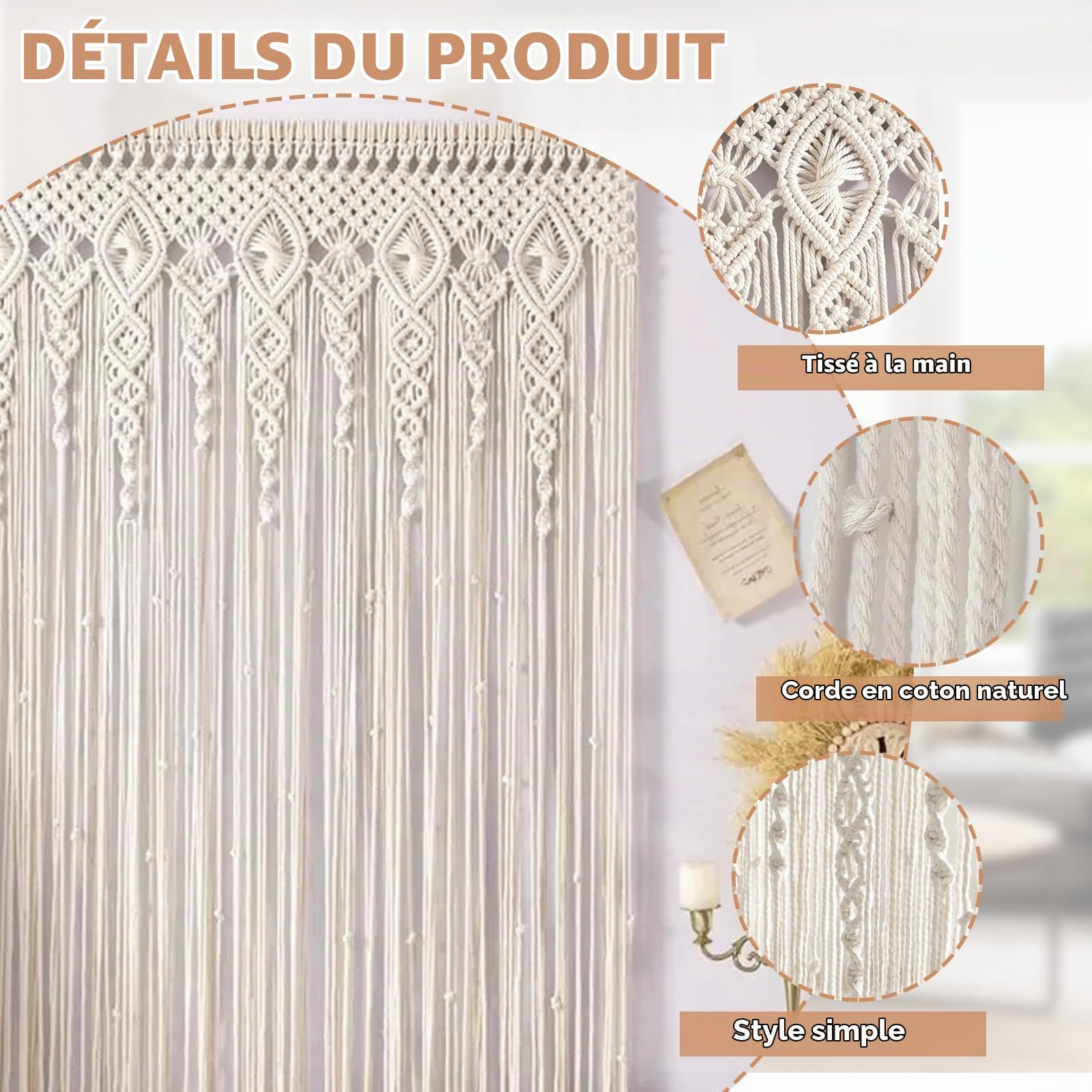 Rideau de porte en macramé, rideau de porte bohème, tapisserie en macramé tissé à la main, rideau à fils pour séparation de pièce, fond de mariage, décoration intérieure (90 x 180 cm)