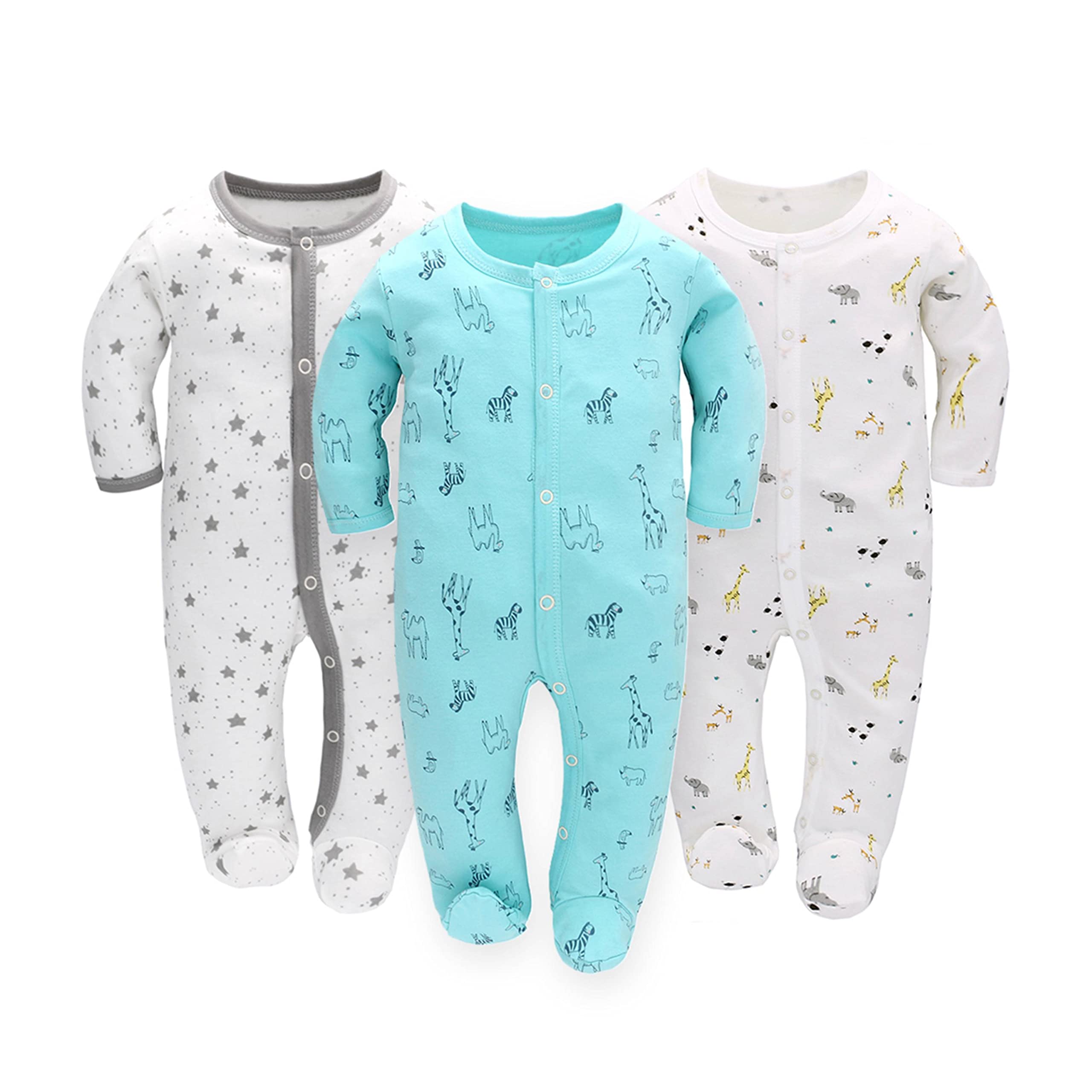 Schlafstrampler Baby Jungen Overall 3er Pack Unisex Pyjamas Baumwolle Strampler Jumpsuits Langarm Spieler Babykleidung mit 0-7 Monate