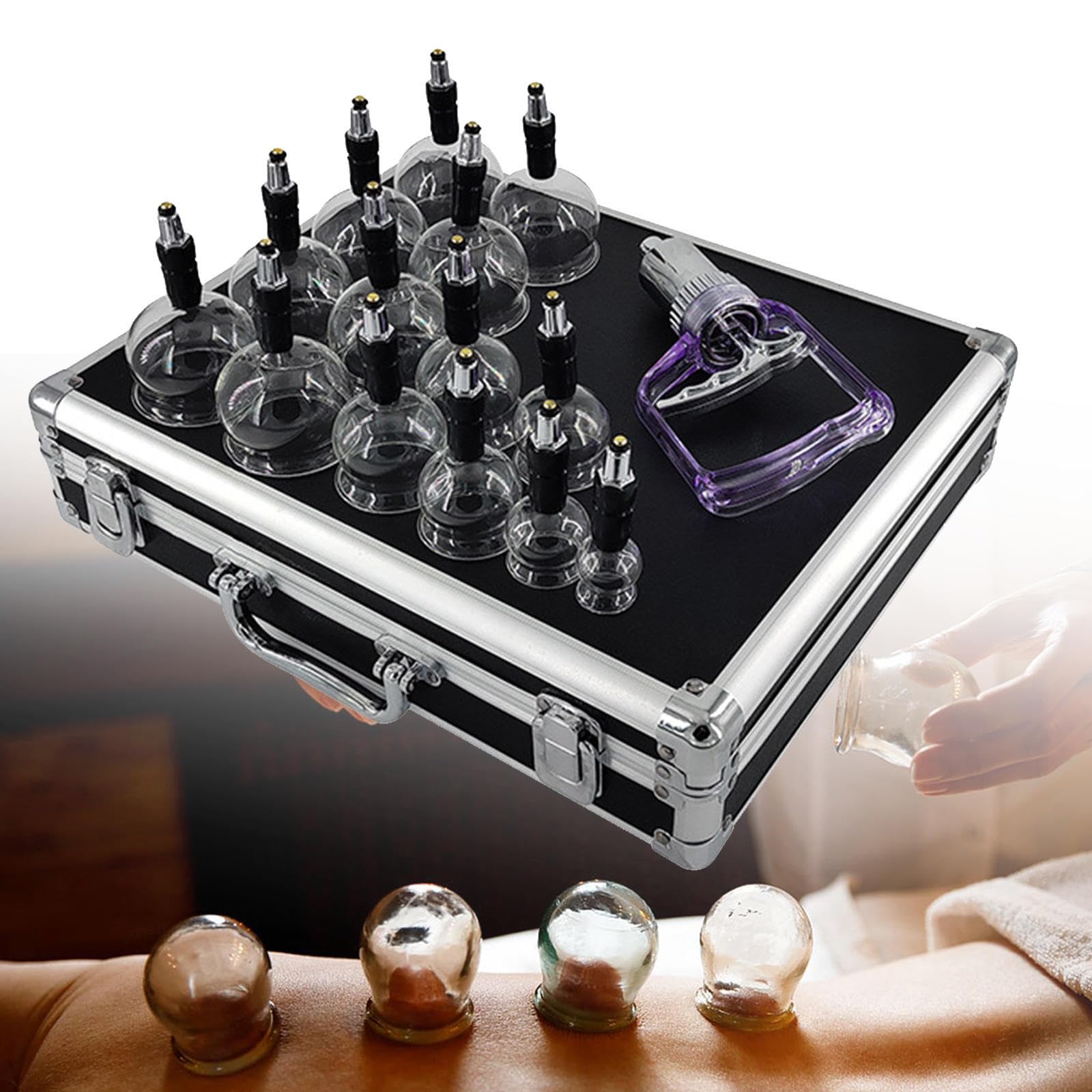 Set per terapia con coppettazione in vetro da 14 pezzi in 5 misure, coppette per massaggio con coppettazione a vuoto portatili con custodia in alluminio, terapia professionale cinese con