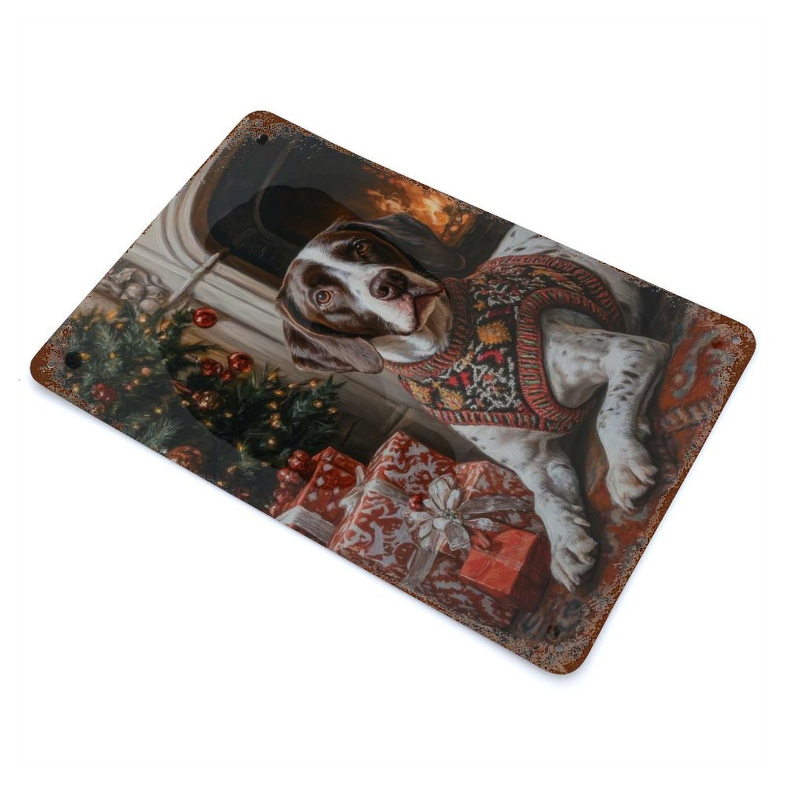 Vintage Metal Tin Sign German Shorthaired Pointer Dog in Christmas Sweater by Fireplace 11.8"x7.9", Industrial Home Decor for Farmhouse, Kitchen And Entryway Decor