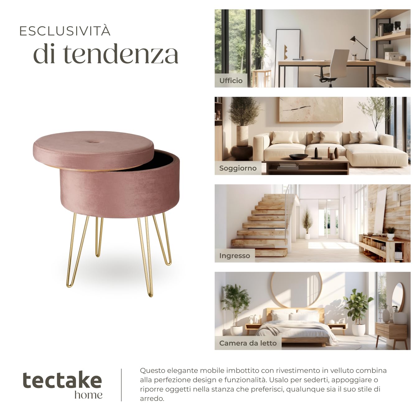 tectake® Sgabello Rotondo Vellutato, Pouf Contenitore, Effetto Velluto, Pouf Poggiapiedi, Grande Scomparto Interno, Pouf Letto, Gambe Oro Scintillanti, Capacità Massima 300 kg - Rosa