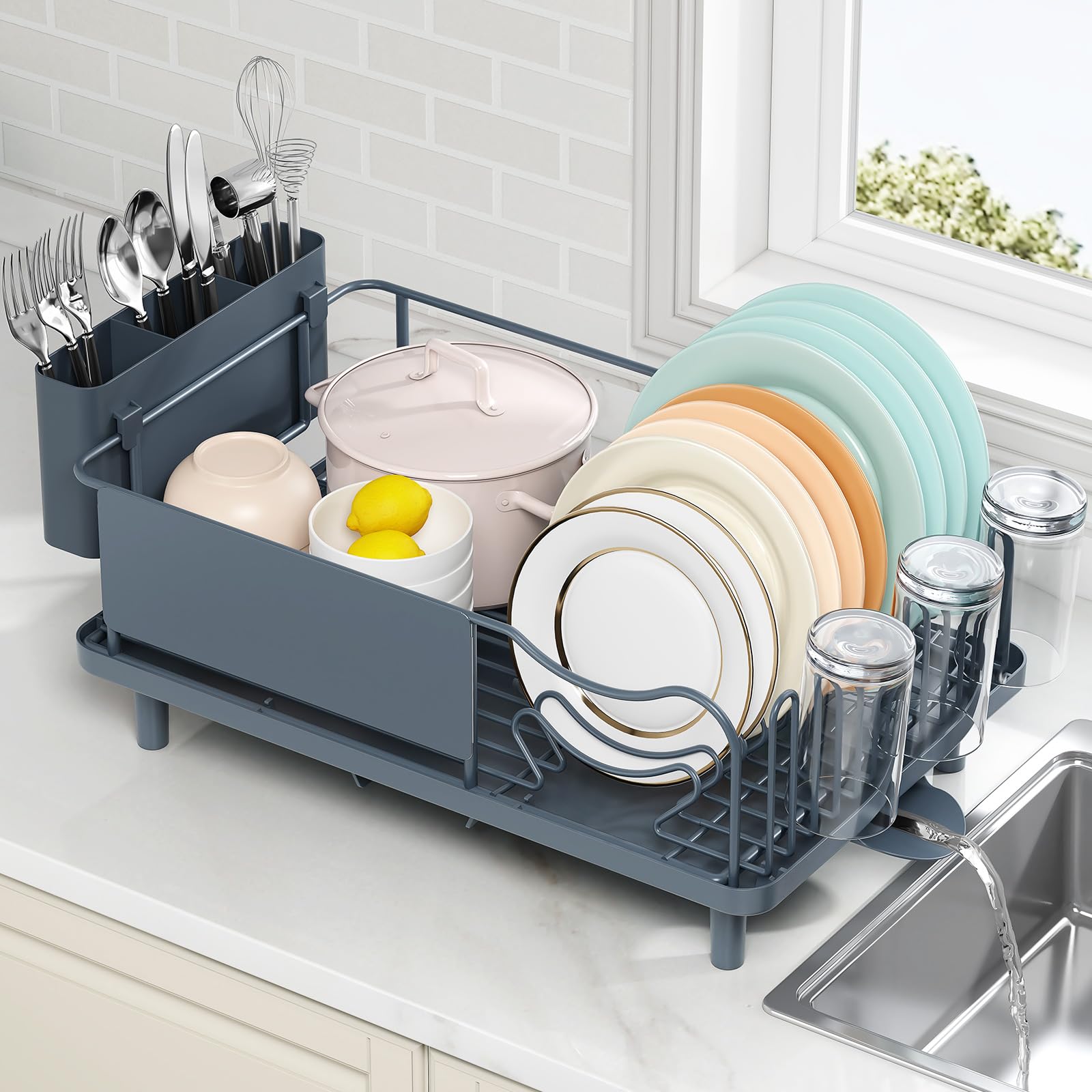 Dish Drainer Rack, Stainless Steel Dish Rack, Draining Board Rack with Anti-Rust Frame, Optional 2 Direction Spout Sink Drain Board Design, Removable Large Utensil Holder for Kitchen, Matte-Green