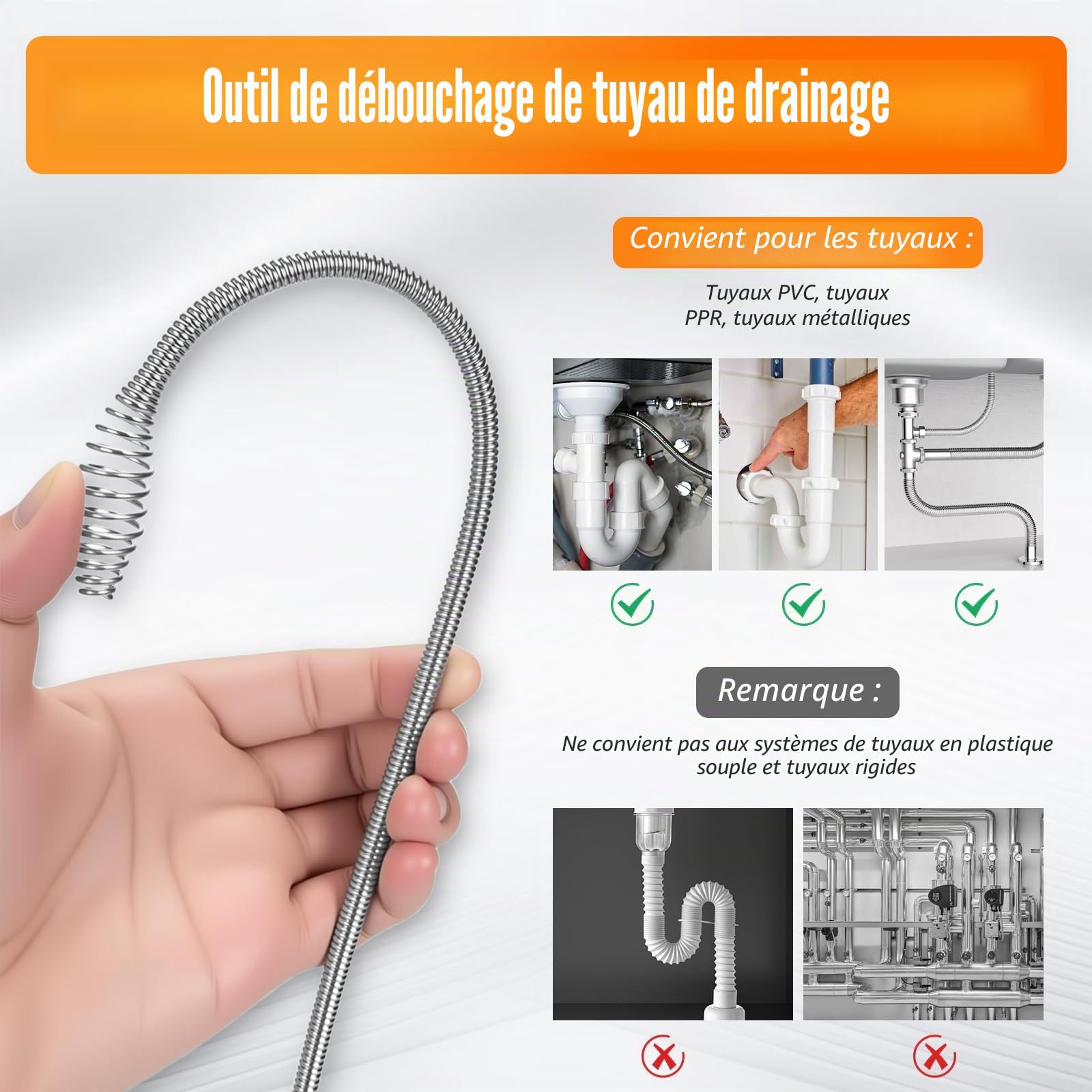Furet de Débouchage 13 m avec Tête de Perçage, Protection Gants Inclus | Spirale d’Évacuation Écologique pour Cuisine et Salle de Bain, Câble en Acier au Manganèse Résistant, Anti-vibrations