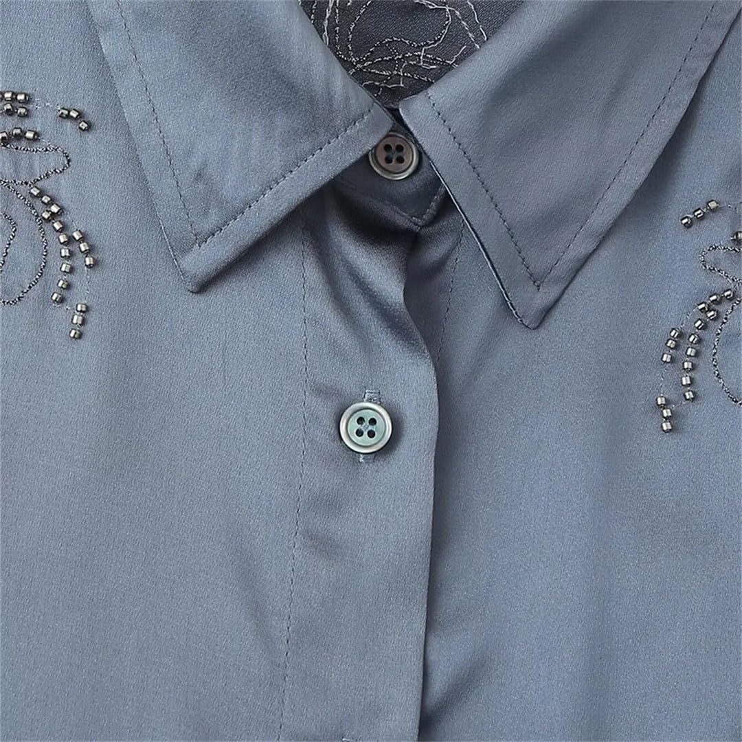 Stile delle donne Flip Collar con perline ricamato camicia, vita alta gamba dritta pantaloni Set
