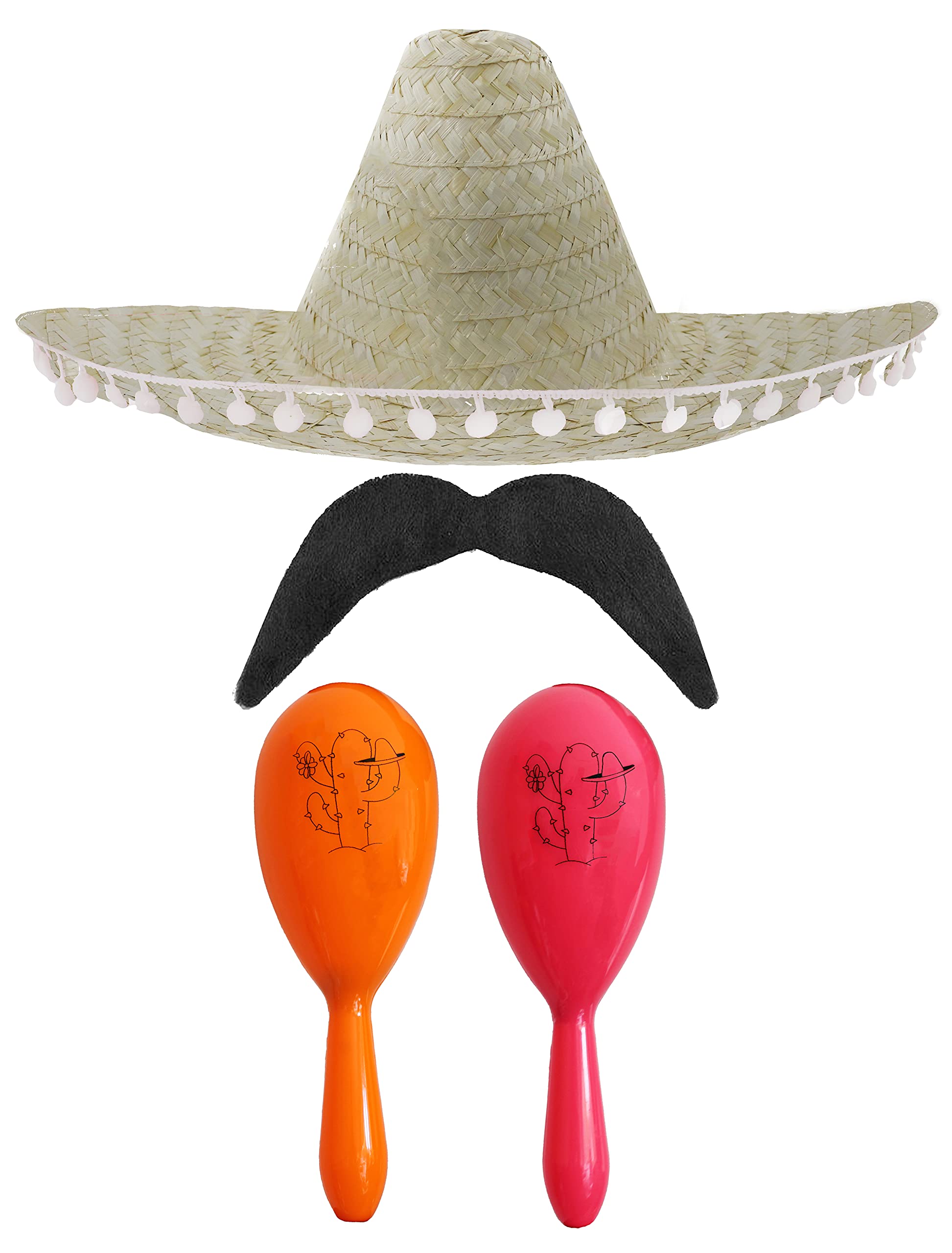 Adults Mexican Accessory Set - Natural Mexican Sombrero, Orange & Pink Maracas, Moustache - Mexican Cinco de Mayo Sensorita Bandit Mariachi Fancy Dress Costume Accessory Set