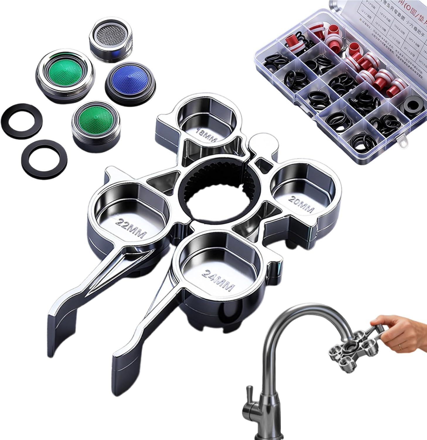 Faucet Aerator Removal Tool | Guitar Shape Anti-Slip Grip Wrench | with 4 Replacement Nozzles Aerator Tool for Sink Faucet | for Bathroom Kitchen Plumber Angle Valve
