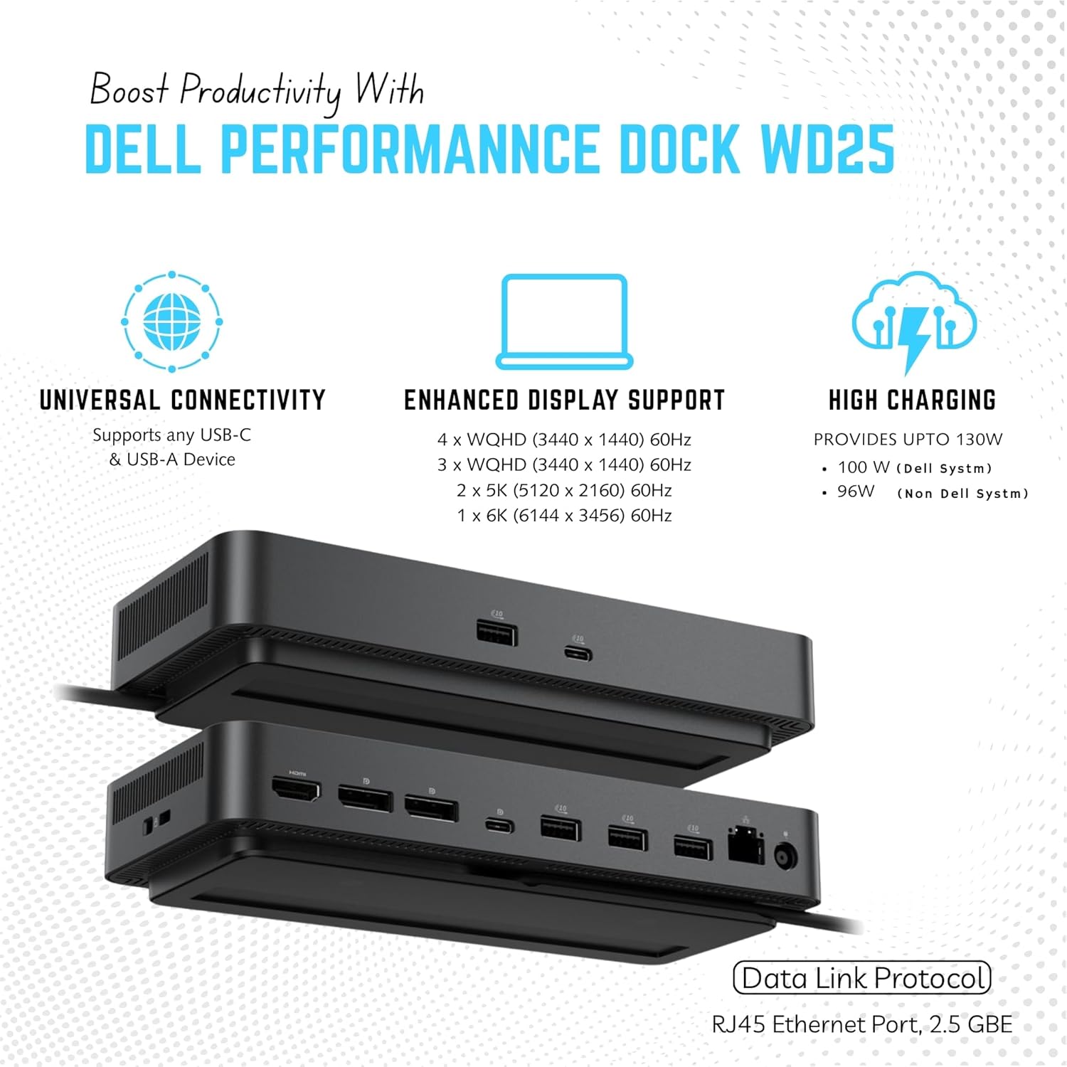 WD25 Dell Pro Dock USB-C Docking Station - with 100W Power, Dual 4K Display Support, HDMI, DP & USB-C Cables - 3 Year Warranty