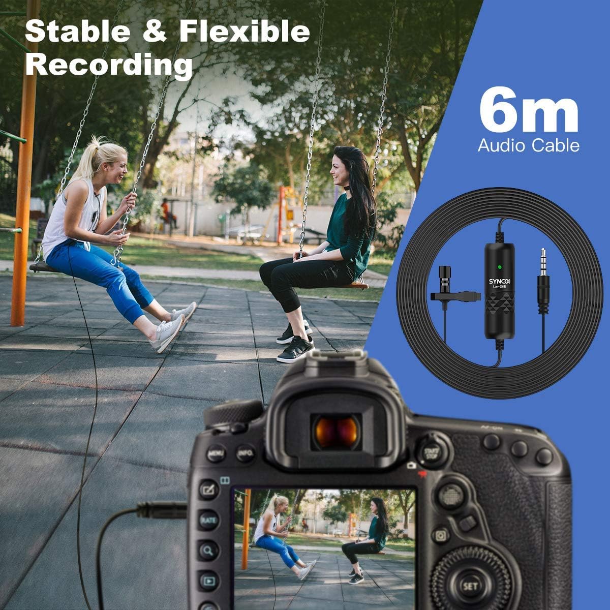 Two people on swings, with a camera recording, illustrating the 6-meter audio cable for flexible recording.