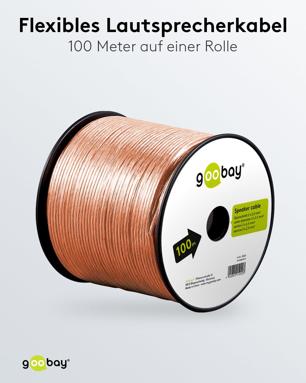 Goobay 15020 - Cable de Altavoces 2 x 2,5mm², Cable de Altavoz, con indicación de polaridad, mejor sonido, Sistema de música, transparente, 100m