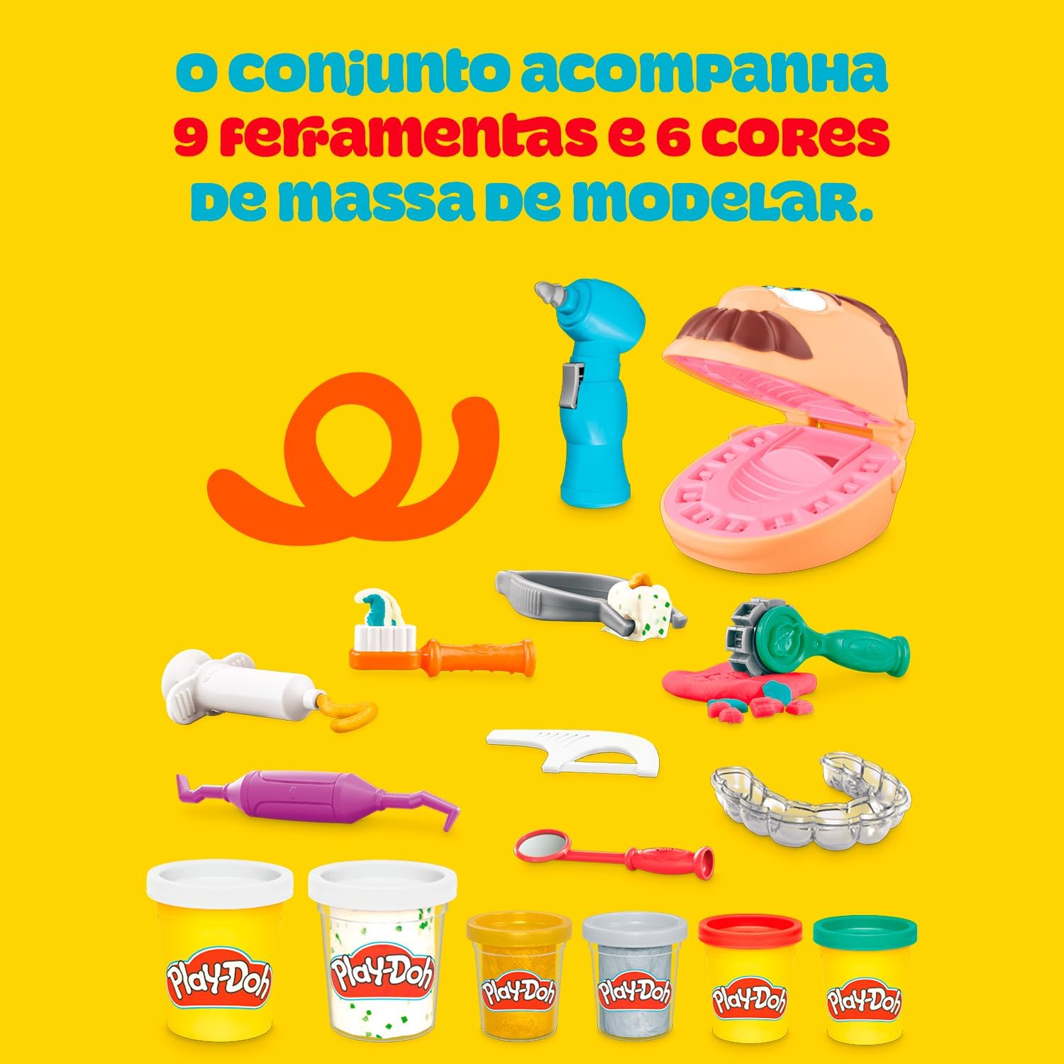 Play-Doh, Massinha de Modelar Infantil, Brincando de Dentista - Conjunto de Brinquedo com 10 Acessórios e 6 Potes - A partir de 3 Anos