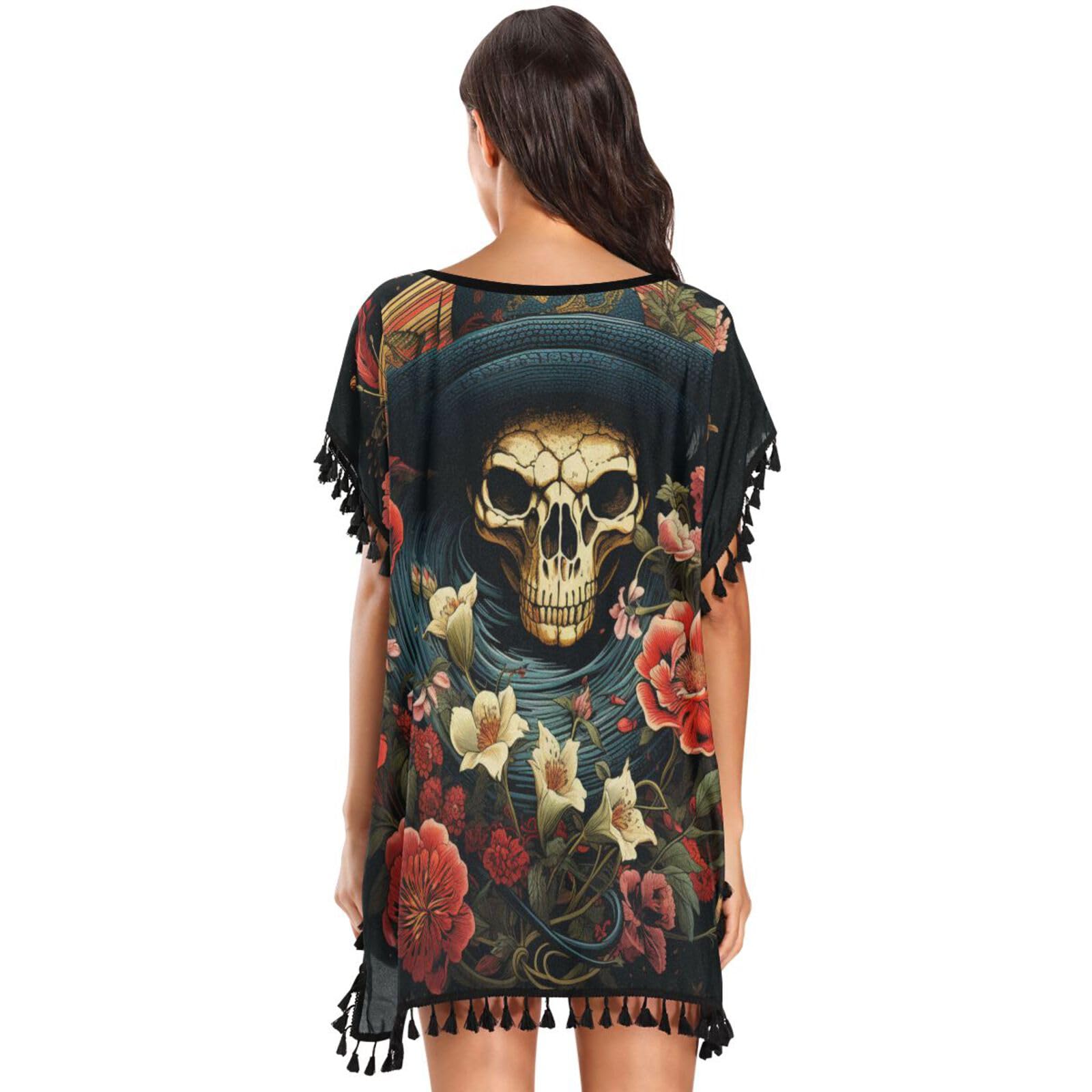 KAAVIYO Angry Snake Skull Rose Women's Beach Cover Up Chiffon Tassel Swimwear Swimsuit Coverups for Girl
