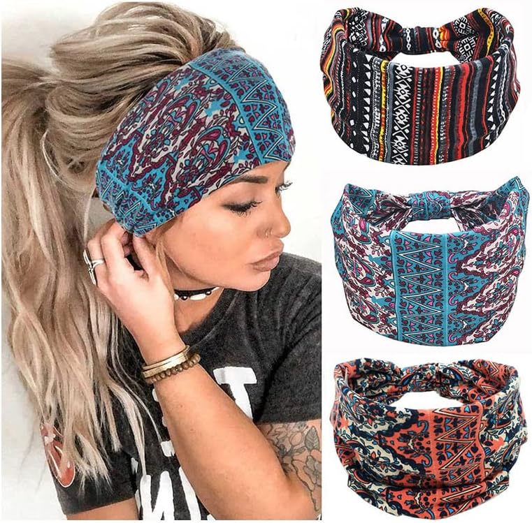 3 Pcs Women's Hair Bands Wide Elastic Soft Wide Elastic Bohemian Headwear Hair Band Workout Head Wrap Boho Print Hair Accessories Yoga Sports Headband