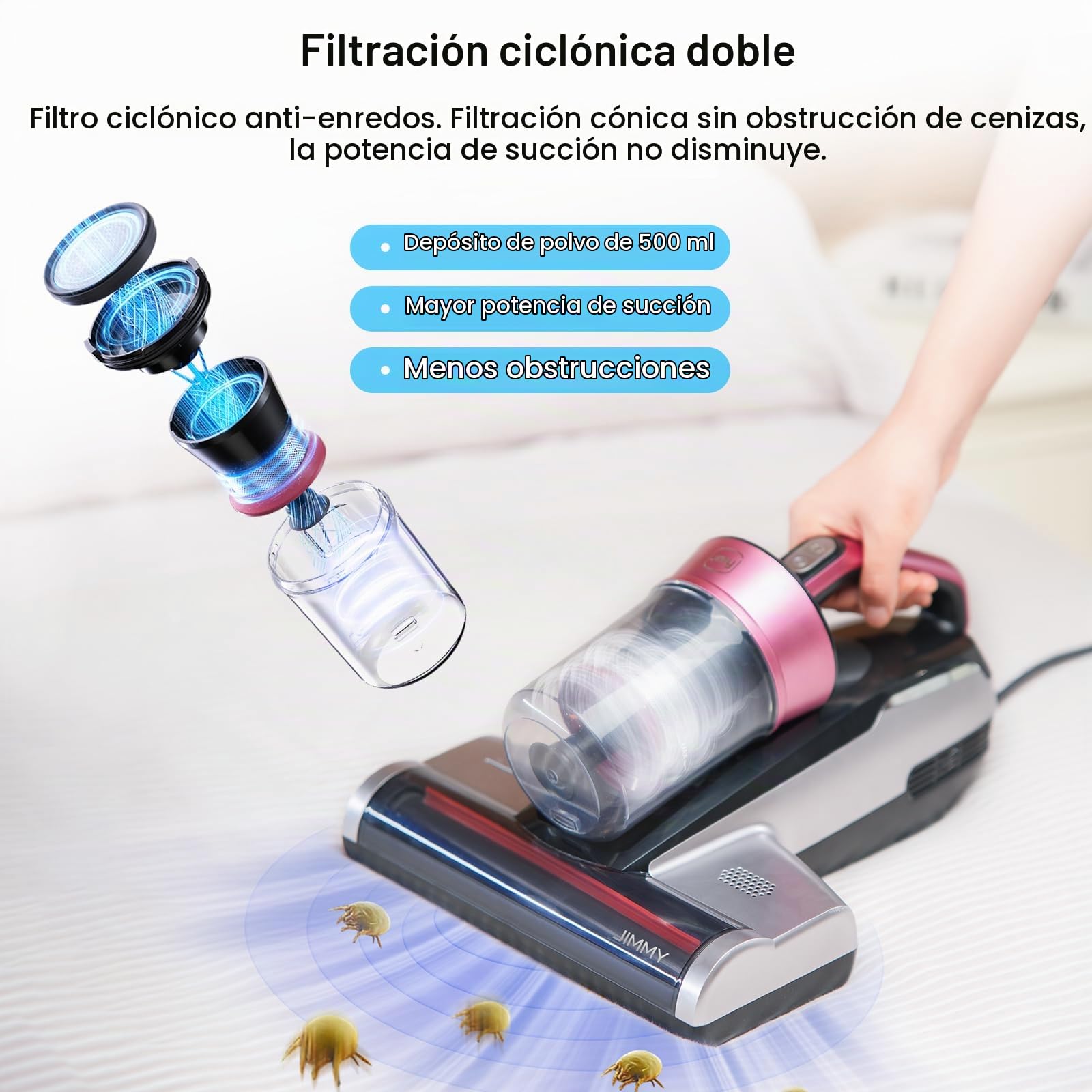 Jimmy BX5 Pro Aspiradora Antiácaros con Luz UV, 500W y 15Kpa Aspirador de ácaros para Alérgicos, Tecnología Ultrasónica, Doble Filtrado Ciclónico y Vibración, Apto para Cama y Colchón, Sofá