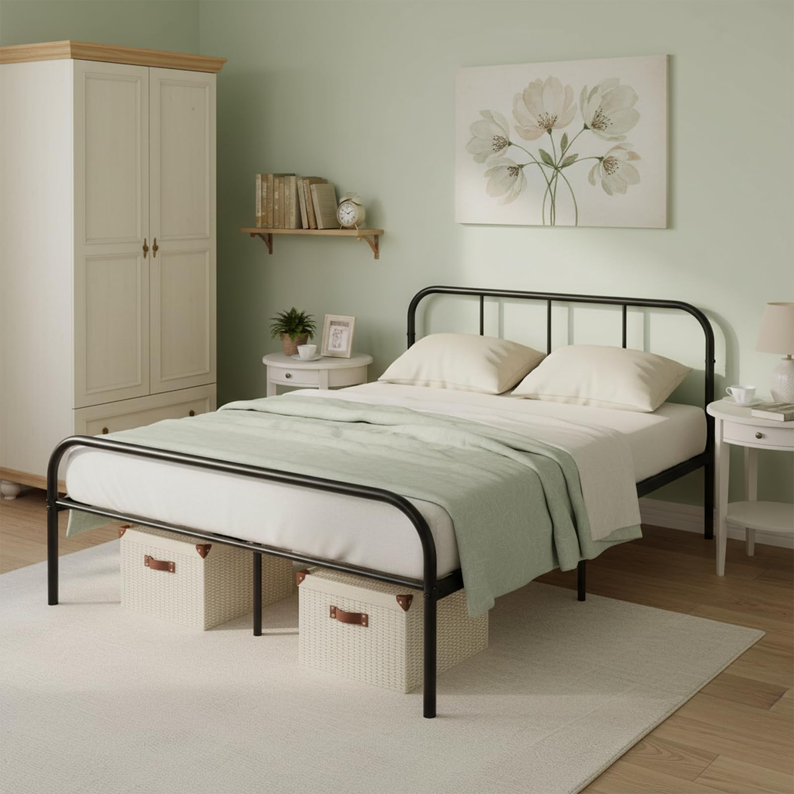 Métal Cadre de Lit Double 140x190 cm, Structure en Métal, Sommier à Lattes Robuste et Durable, avec Tête et Pied, Facile à Monter, Nombreux Rangements sous Le Lit, Noir