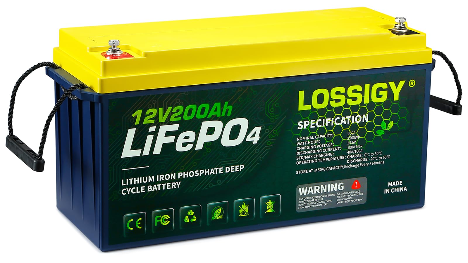 LOSSIGY 12V 200AH LiFePO4 Lithium RV Battery, Perfect for Solar System, Marine, 2560Wh 5000+ Deep Cycles, Built in BMS with 10 Yrs Lifespan