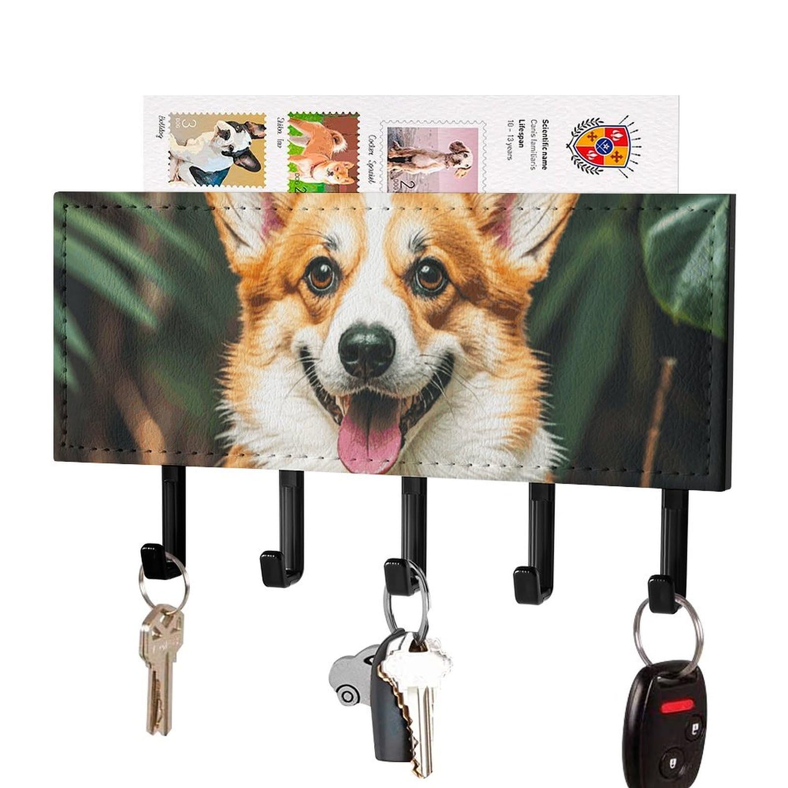 DWVTSLH Tropical Flower and Corgi Key Holder for Wall, Decorative Key Hooks with Mail Organizer & 5 Hooks, Self Adhesive Leather Key Hanger for Entryway, Wall Mounted Key Rack (7.1” X 4.3” X 0.9”)