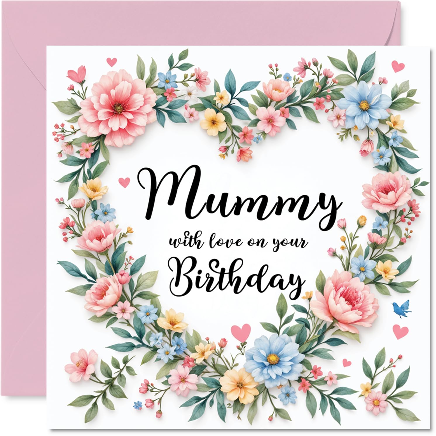 Mummy Birthday Card - Flower Heart Wreath - Happy Birthday Card for Mummy from Son Daughter, 145mm Flower Heart Wreath Bday Greeting Cards