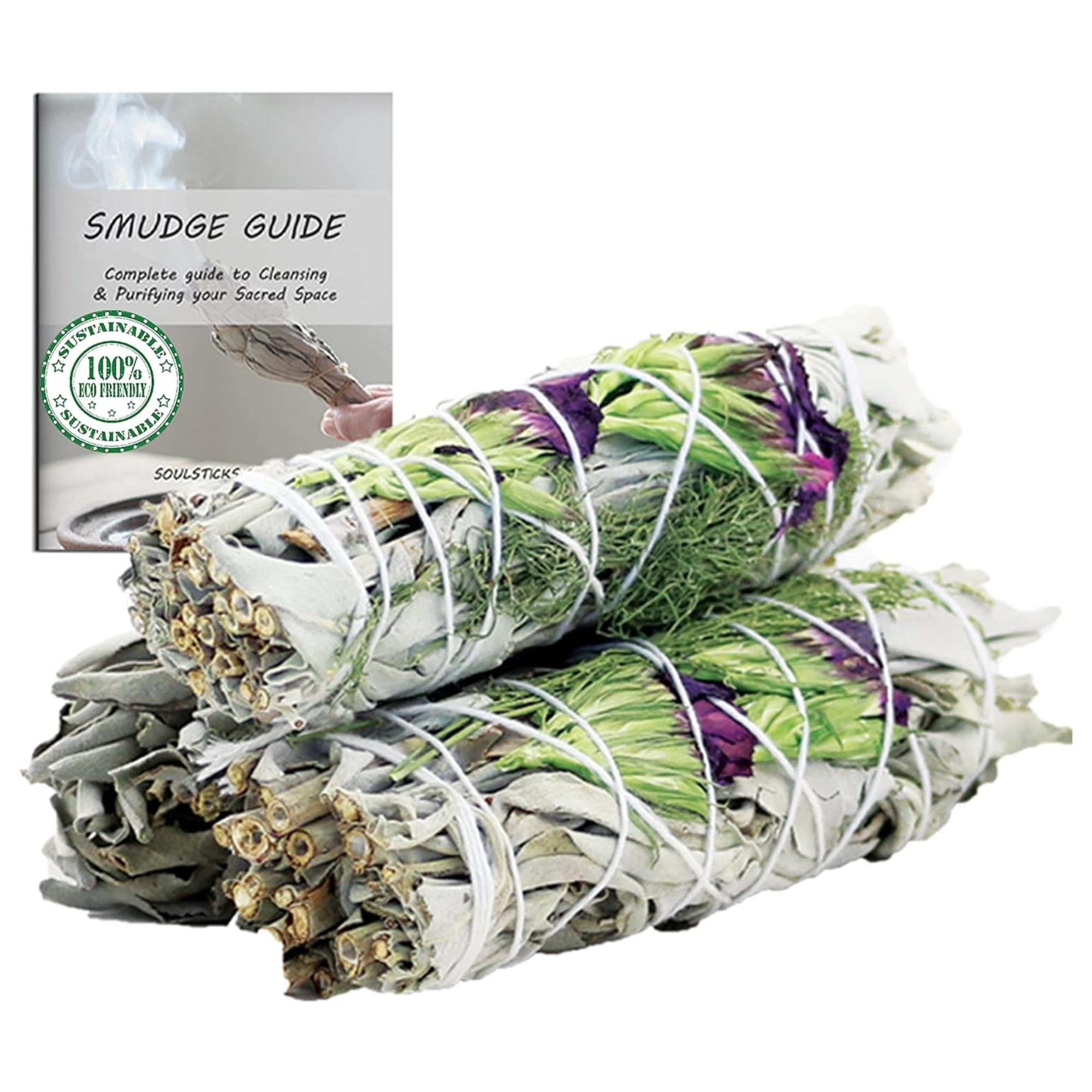 Ancientveda Floral White Sage Organic Smudge Sticks with Flowers 3 Pack for Cleansing Home, Meditation, Yoga, Healing and Smudging | Sustainably Sourced California White Sage Bundles (Good Life)