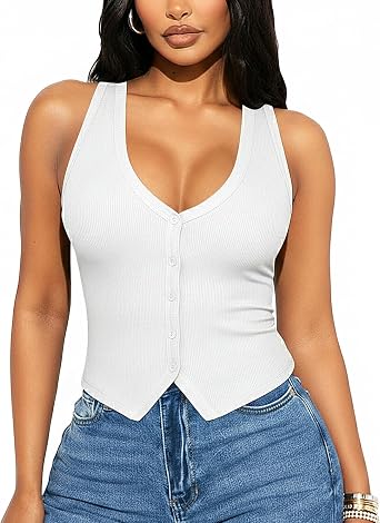 Women V Neck Sleeveless Crop Tank Tops Halter Button Down Knit Sweater Vest Cute Going Out Tops