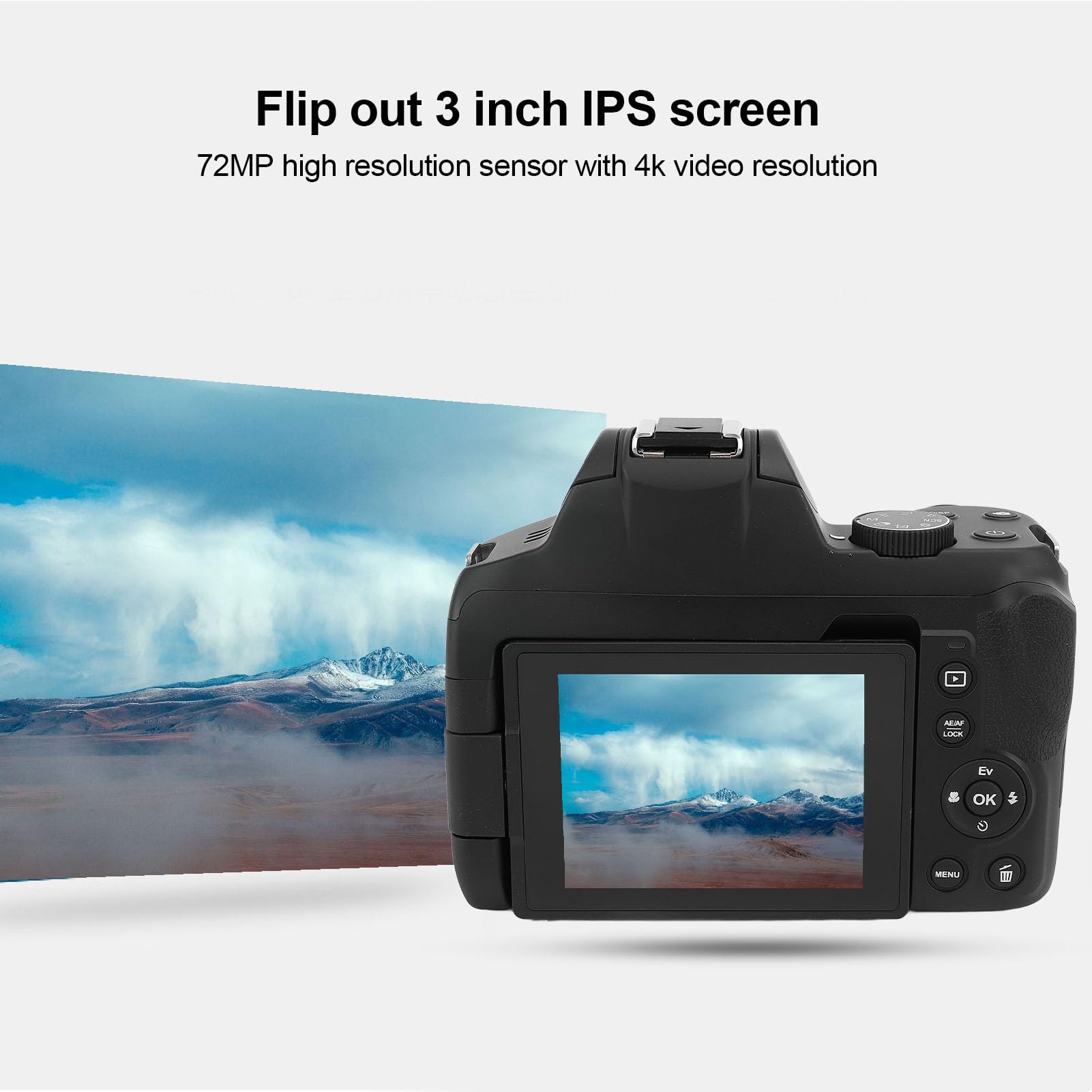 Fotocamera digitale 4K per fotografia, autofocus Vlogging fotocamera con obiettivo telescopico 3 pollici IPS schermo, 72 MP HD 12x zoom digitale micro fotocamera SLR per principianti di viaggio