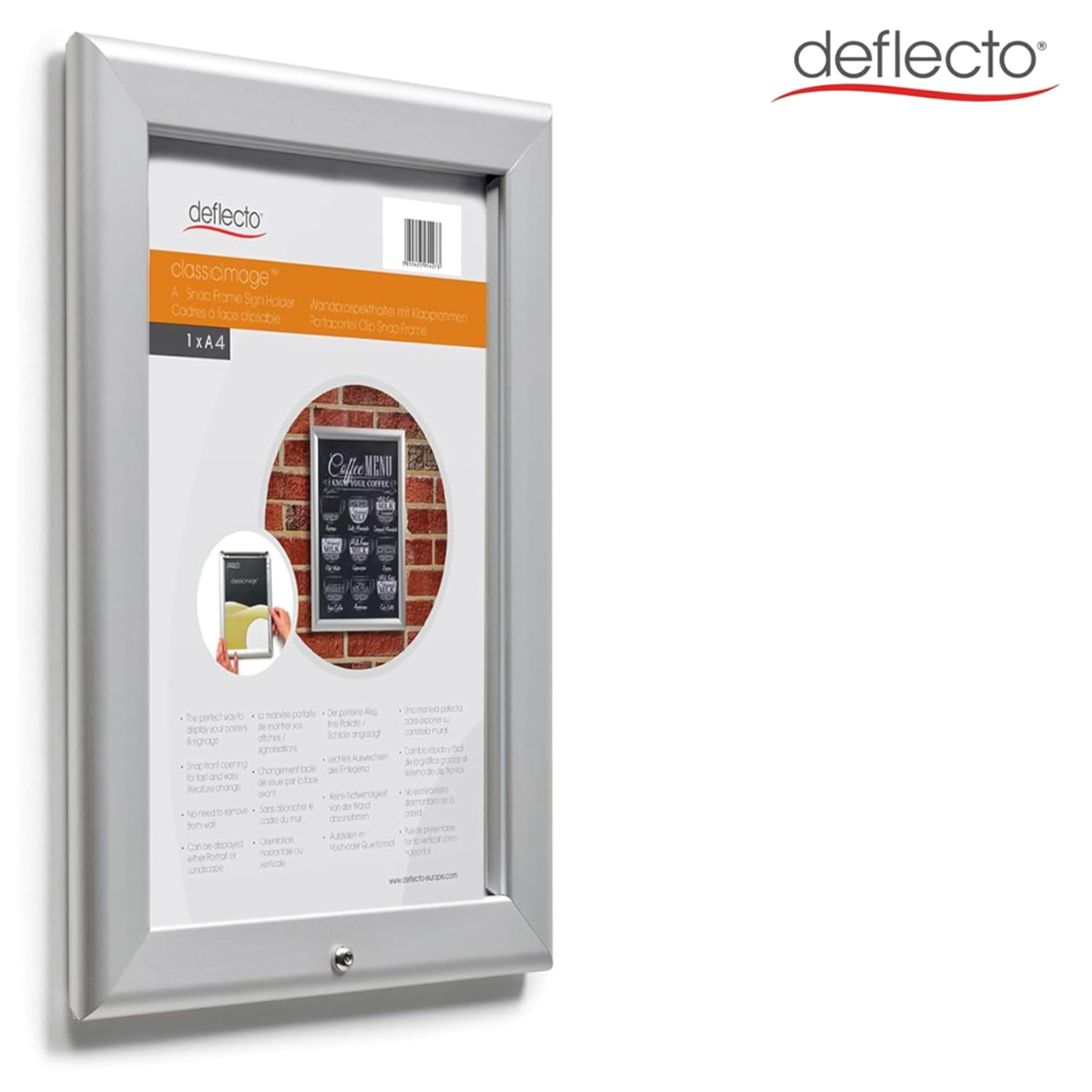 Deflecto Cadre à clipser A4 – Cadre à clip verrouillable en aluminium argenté pour affichage mural – Support de certificat et d'affiche avec clips d'ouverture pratiques sur le devant – Cintre élégant
