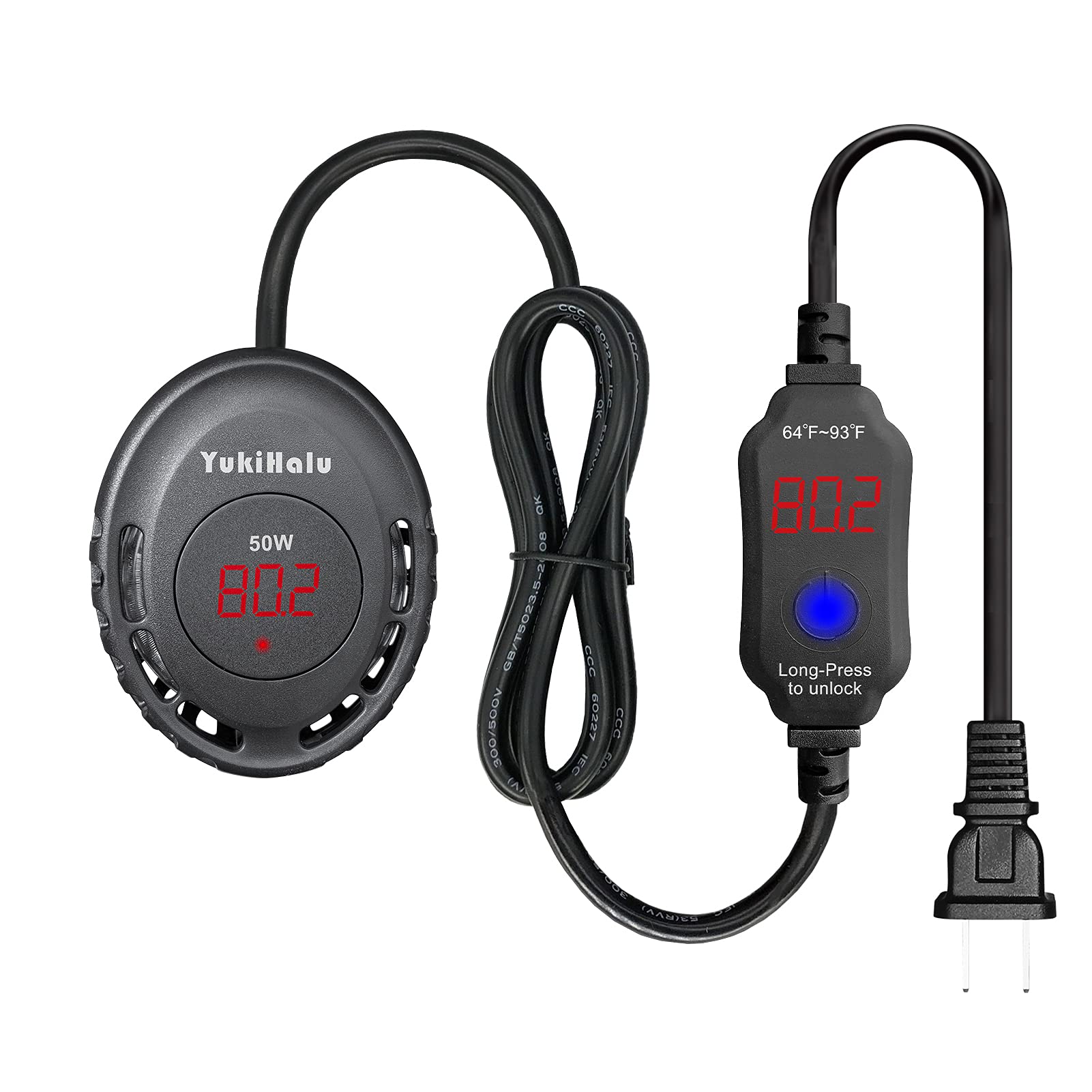 YukiHalu Compact Submersible Aquarium Heater, Mini Fish Tank Heater 50W/100W, External Temperature Controller, Used for 1-20 Gallon (50W(2-8 gallons))