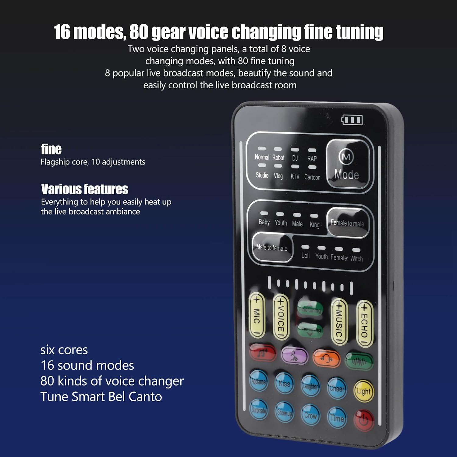 I9 Voice Changer Set Portable 8 Sounds Handheld Mini Sound Card with LED Lights, ApplauseKissLaughterSurprise Sound Effects, 10 Steps Adjustable (English Version)