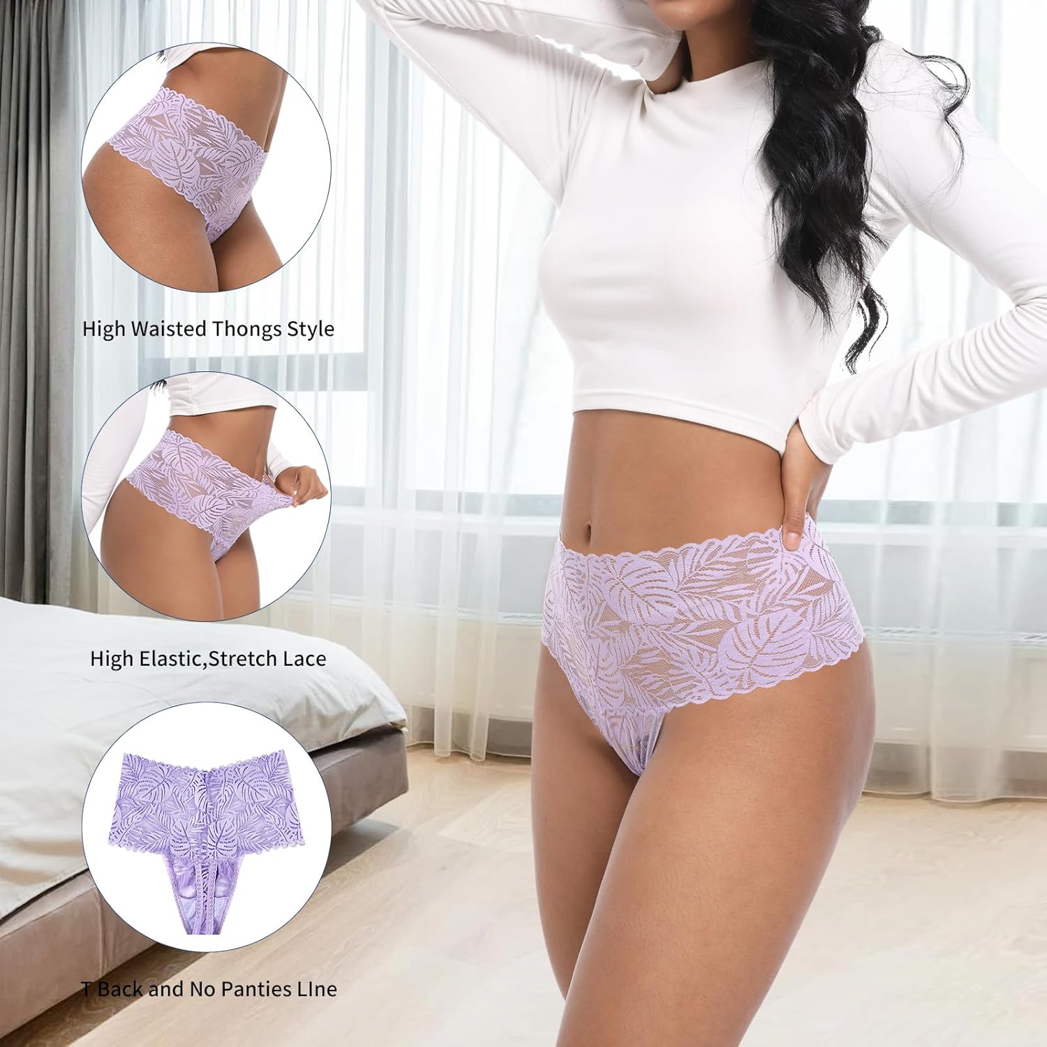 High Waisted Lace Thongs Panties For Women Plus Size Retro Thong High Rise Lacy Underwear Pack 5 Size S-4XL - Image 3