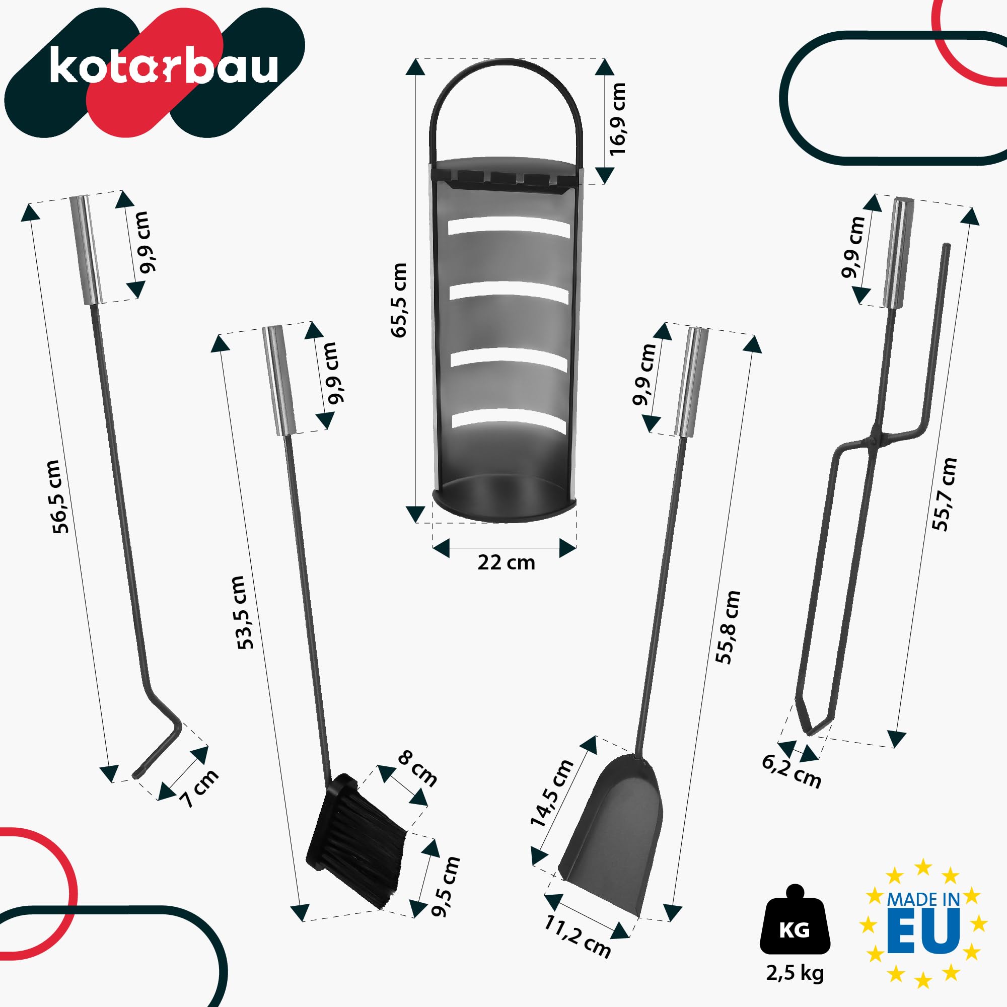 KOTARBAU® Juego de Herramientas para Chimenea de Acero Inoxidable, Set de 5 Piezas: Escoba, Pala, Pinzas y atizador de Ceniza con Soporte de pie, Herramientas para Chimenea, Estufa, Plateado Negro