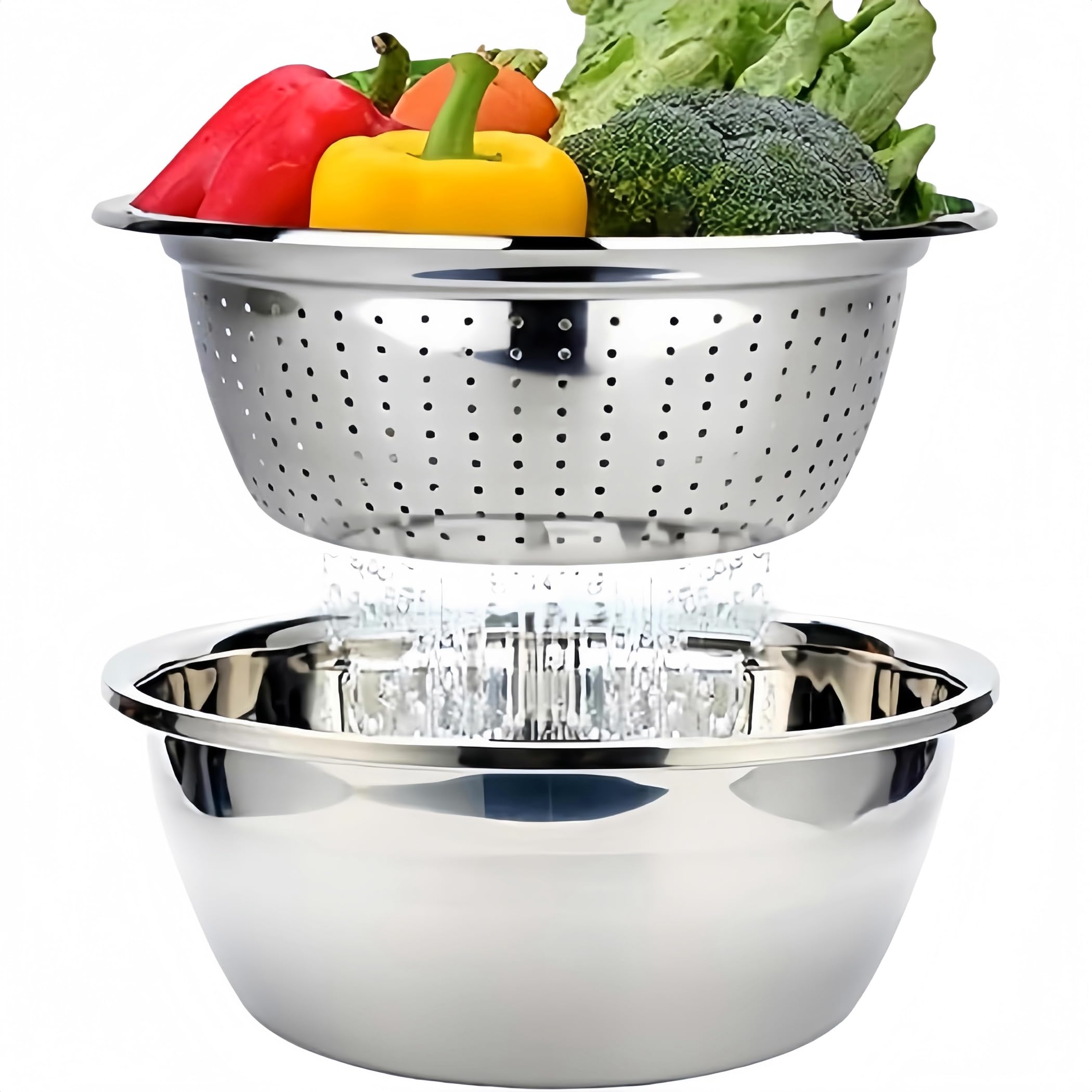 Maoyuan Silver Colander With Bowl Stainless Steel Colander Mixing Bowl Set Nesting Metal Strainer Bowl For Salad Pasta Vegetable Fruit Food Preparing Serving, 26Cm