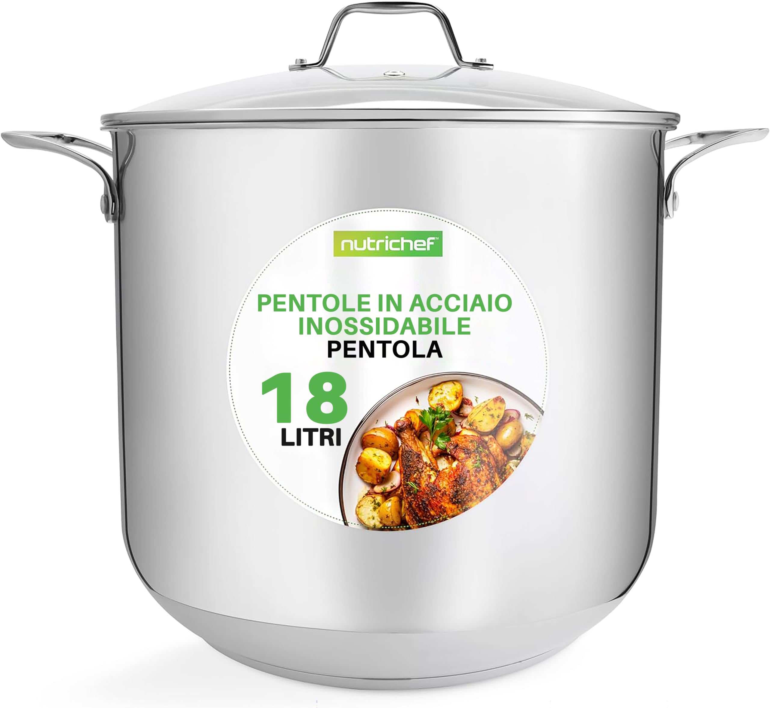NutriChef Pentola in Acciaio Inox da 18 Litri, Grado Alimentare 18/​8, Pesante, Adatta per Induzione, Ideale per Stufati, Cottura Lenta e Zuppe, con Coperchio Trasparente e Lavabile in Lavastoviglie