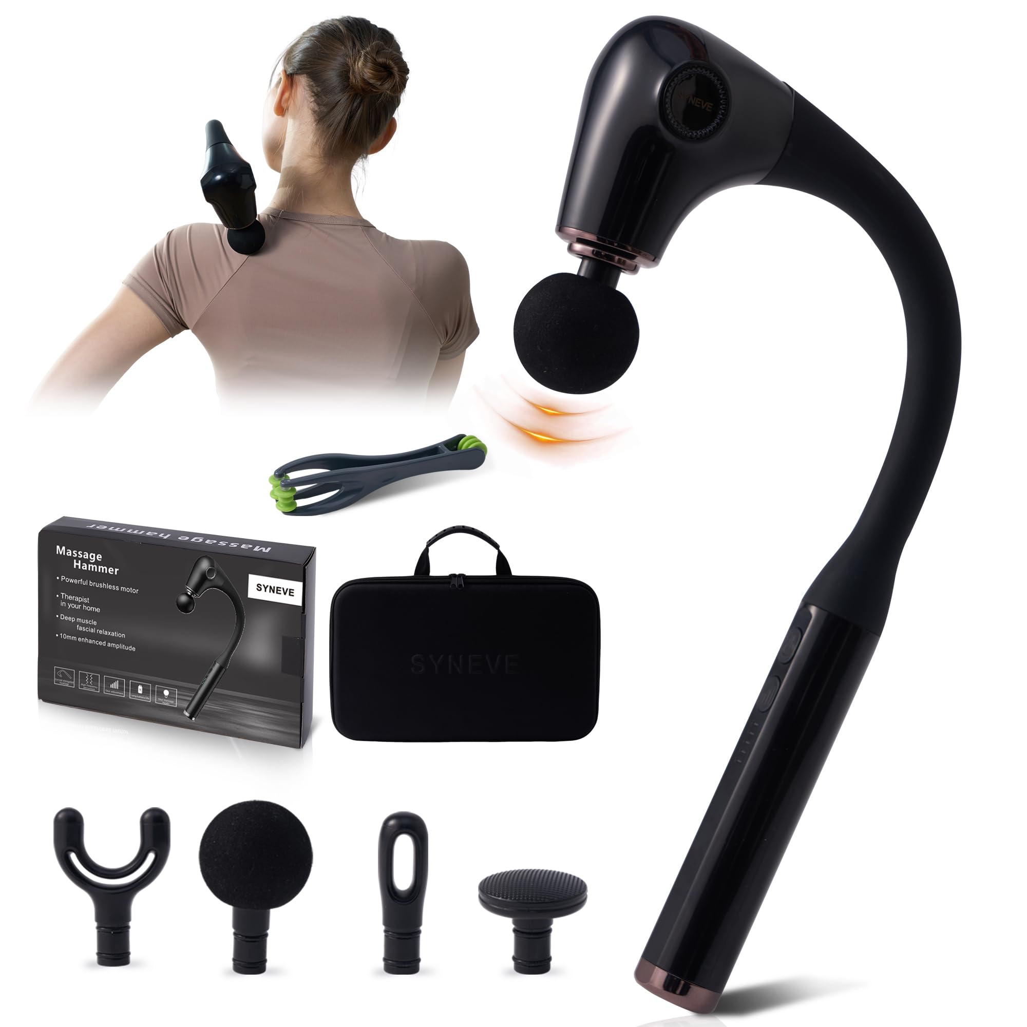 Deep Tissue Massage Gun with Ergonomic Long Extension Handle - Deep Tissue Muscle Massager with Quiet Brushless Motor for Back Neck Shoulders Waist Legs - Includes Carry Bag and Finger Massaging Tool